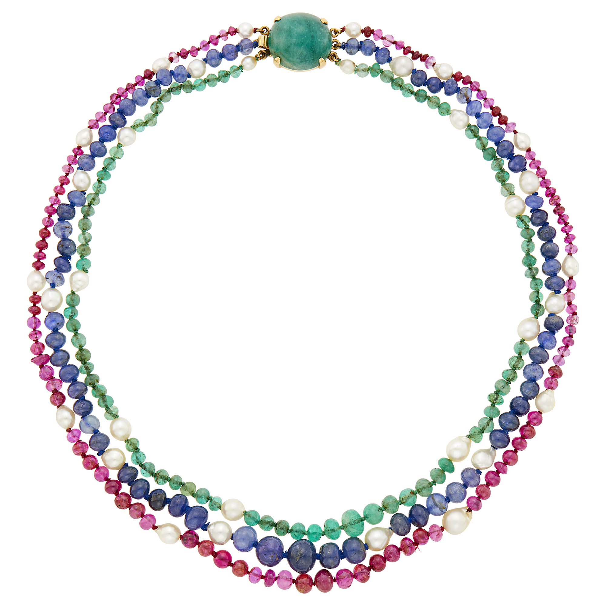 Lot image - Triple Strand Colored Stone Bead and Semi-Baroque Cultured Pearl Necklace with Gold and Cabochon Emerald Clasp