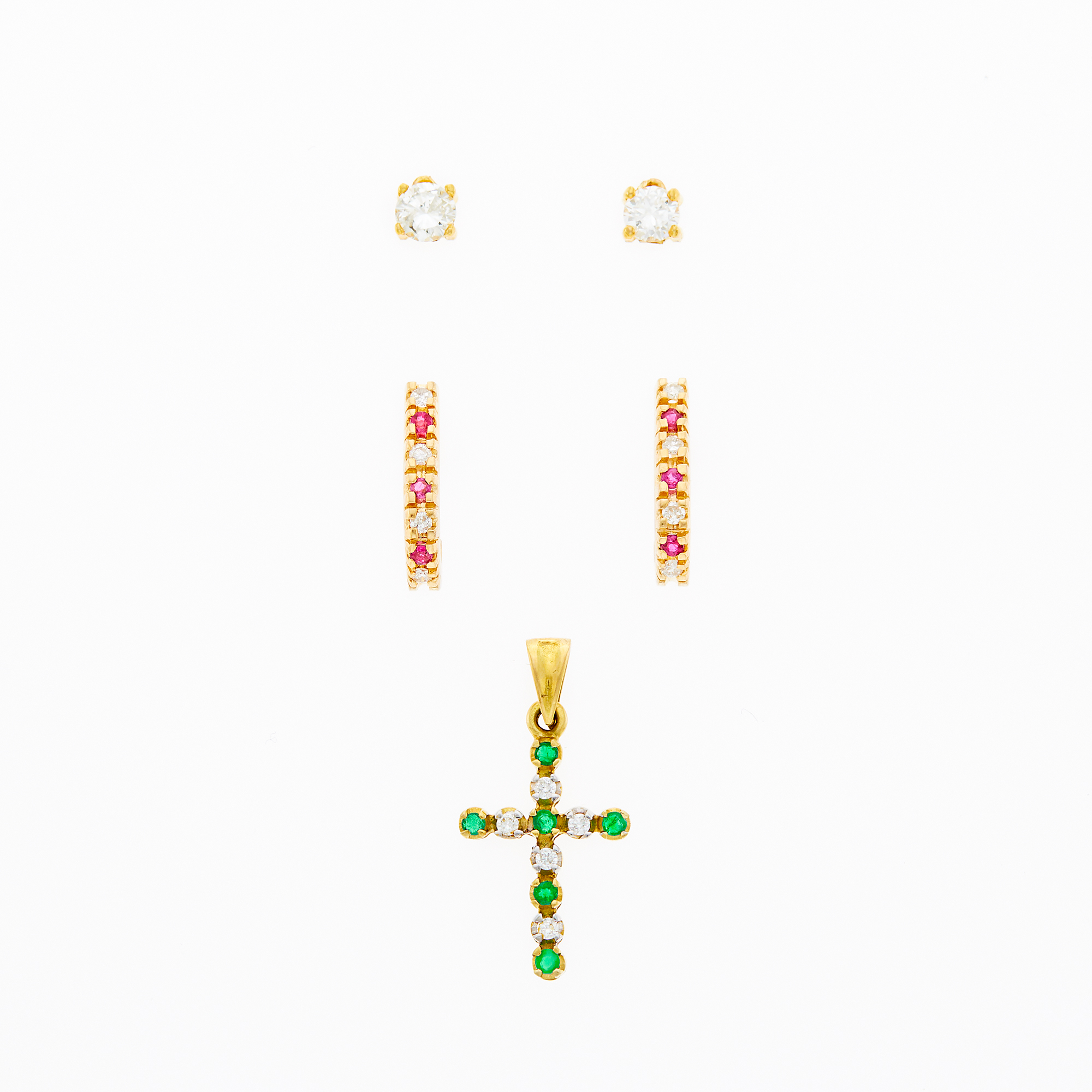 Lot image - Pair of Gold, Diamond and Ruby Hoop Earrings, Emerald and Diamond Cross Pendant and Diamond Fragments