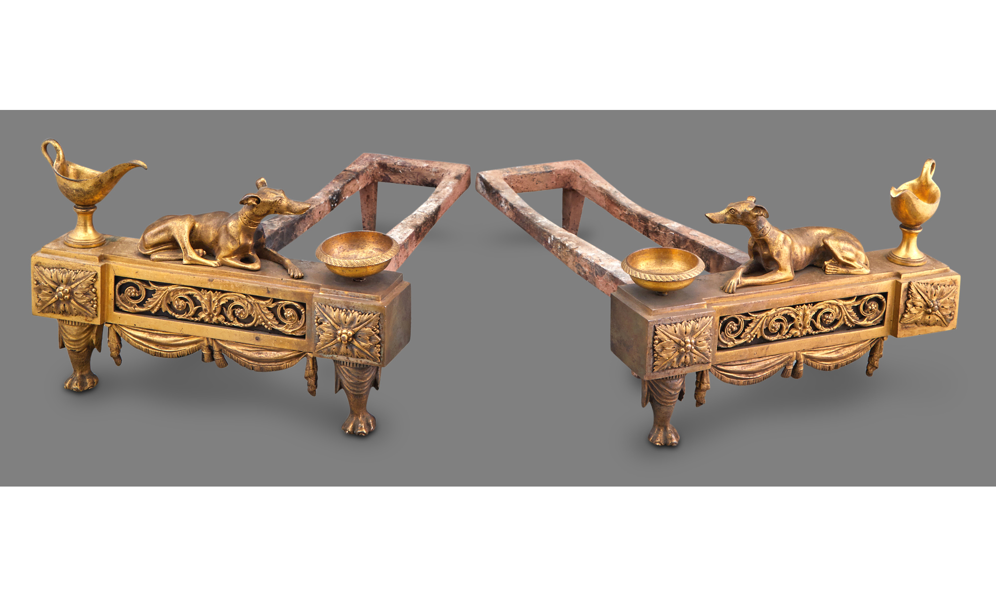 Lot image - Pair of Neoclassical Style Gilt-Metal and Iron Dog-Form Chenets