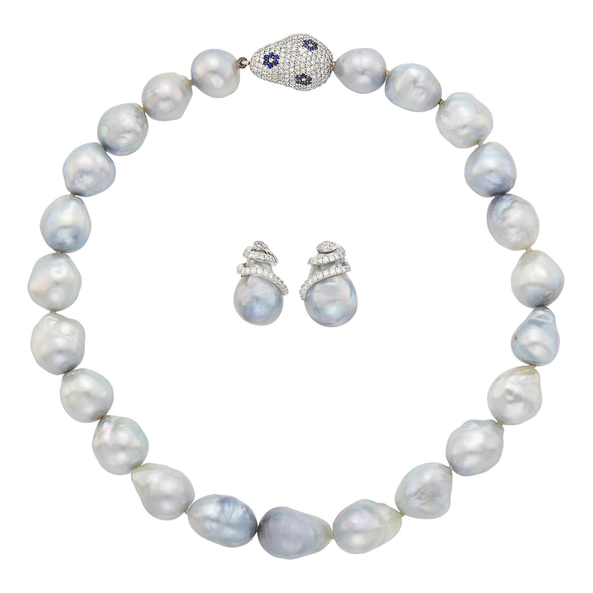 Lot image - Gray Baroque Cultured Pearl Necklace with Diamond and Sapphire Clasp  and Pair of Earrings