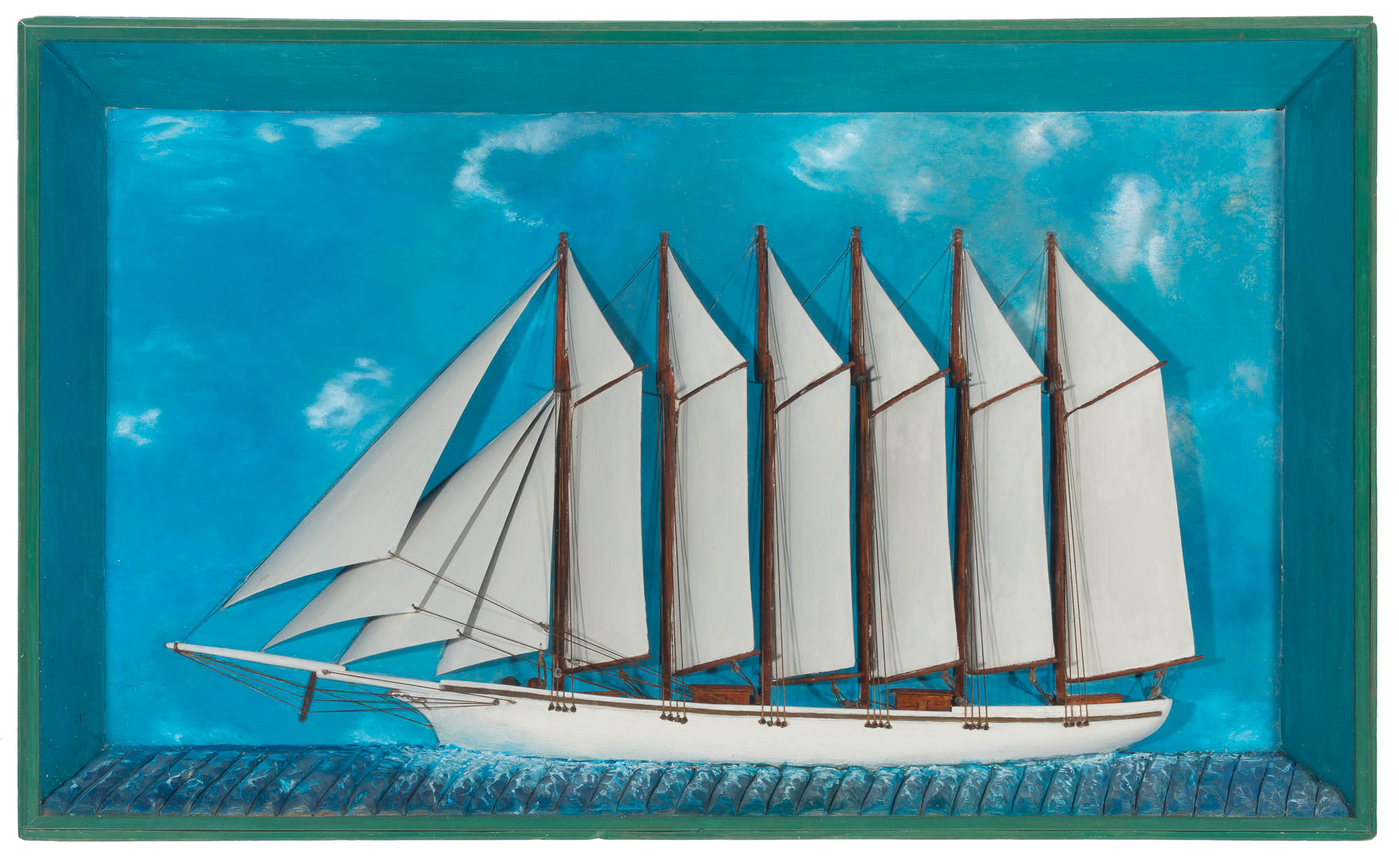 Lot image - Carved and Painted Ship Diorama of a Six-Masted Sailing Vessel