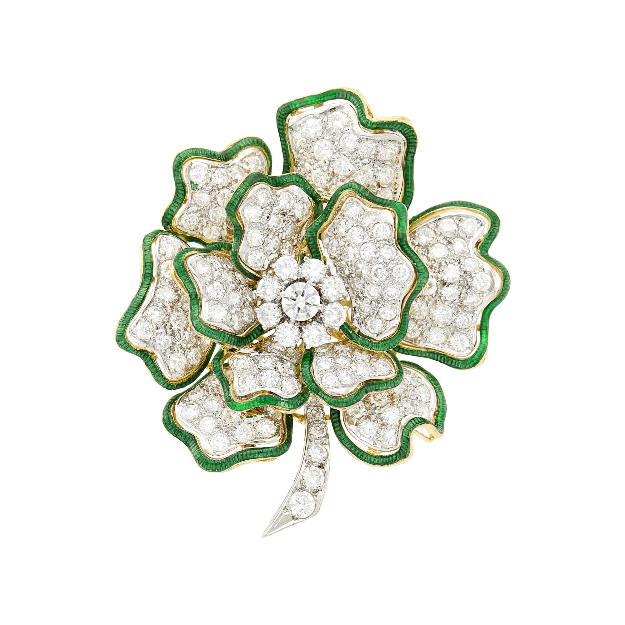 Lot image - Two-Color Gold, Diamond and Green Enamel Flower Clip-Brooch