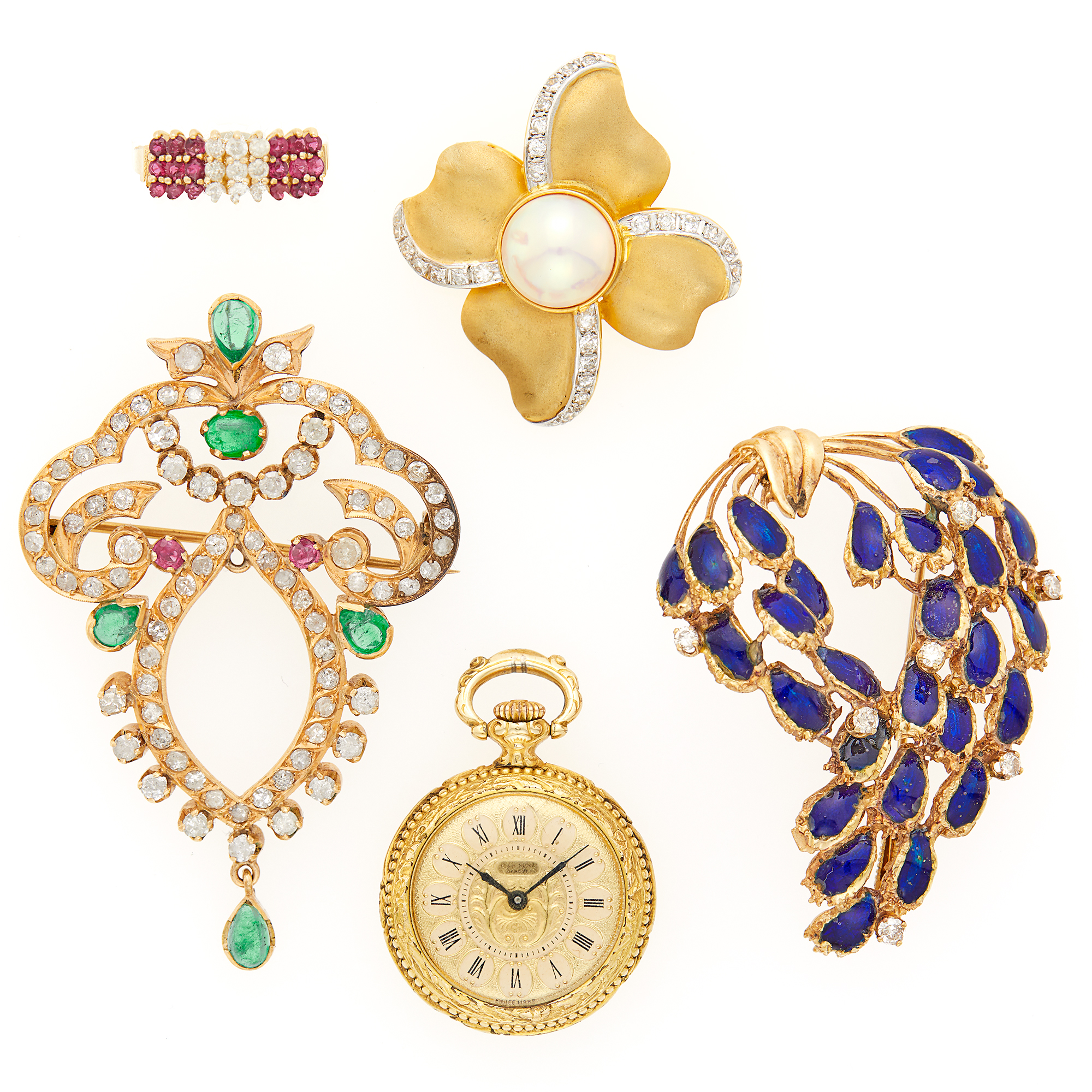 Lot image - Three Gold, Diamond, Gem-Set, Mabé Pearl and Enamel Brooches, Ruby and Diamond Ring and Open Face Pocket Watch