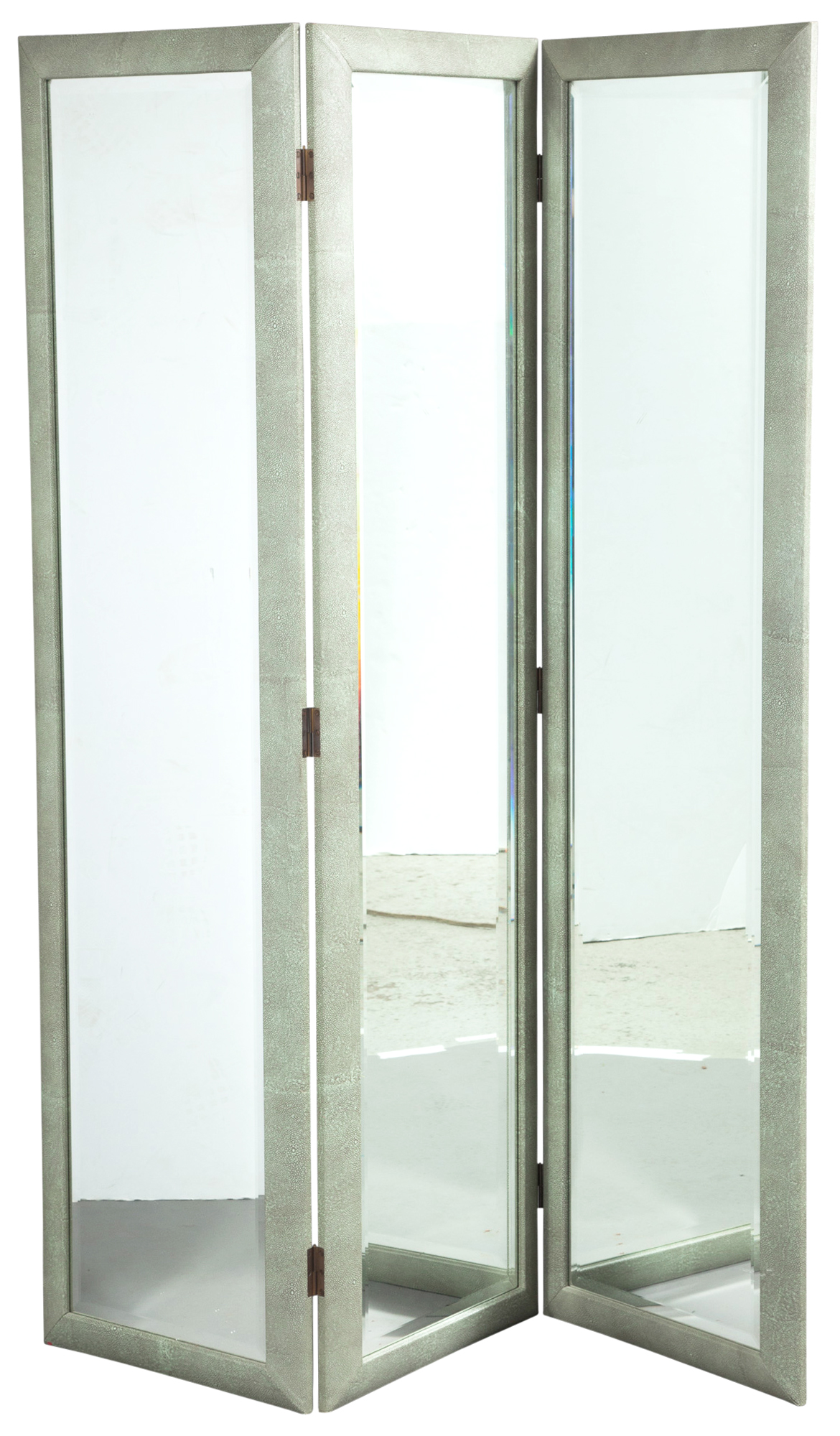 Lot image - Three-Panel Shagreen, Silk and Mirror Screen/Room Divider