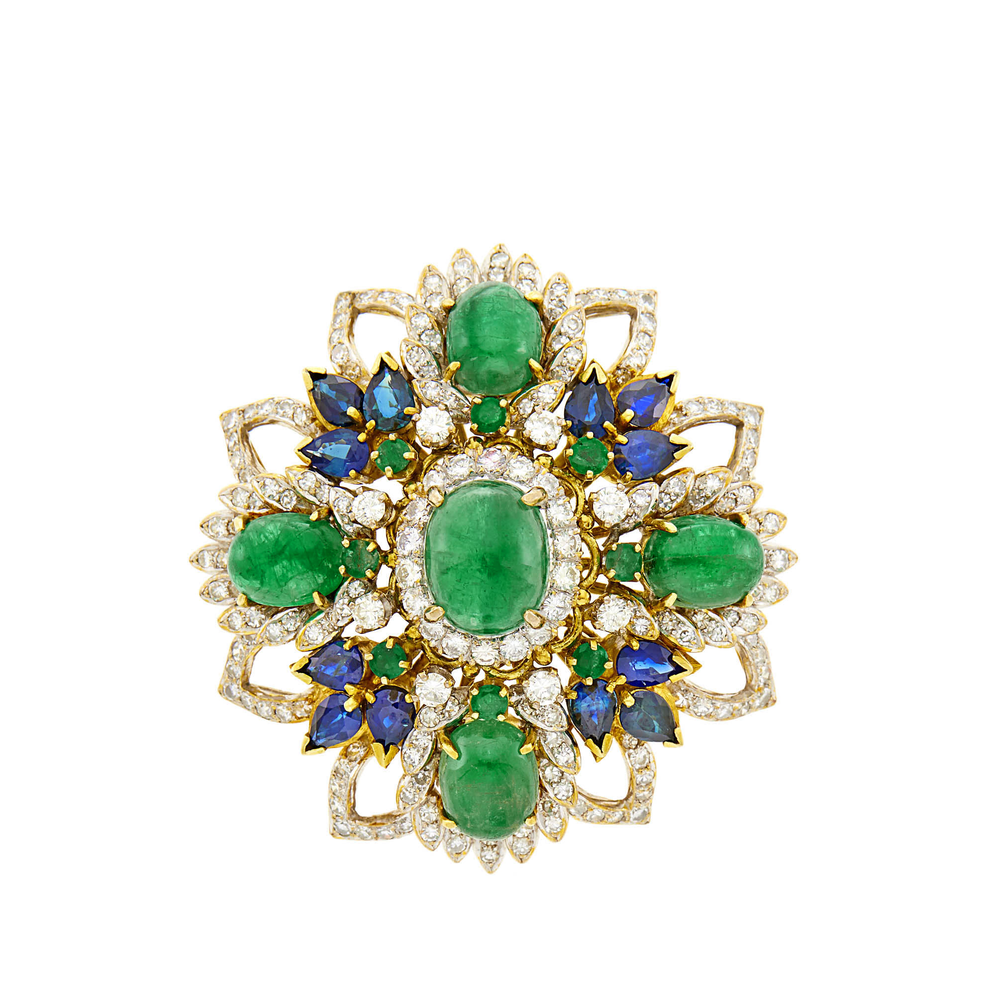 Lot image - Two-Color Gold, Cabochon Emerald, Sapphire and Diamond Pendant-Brooch