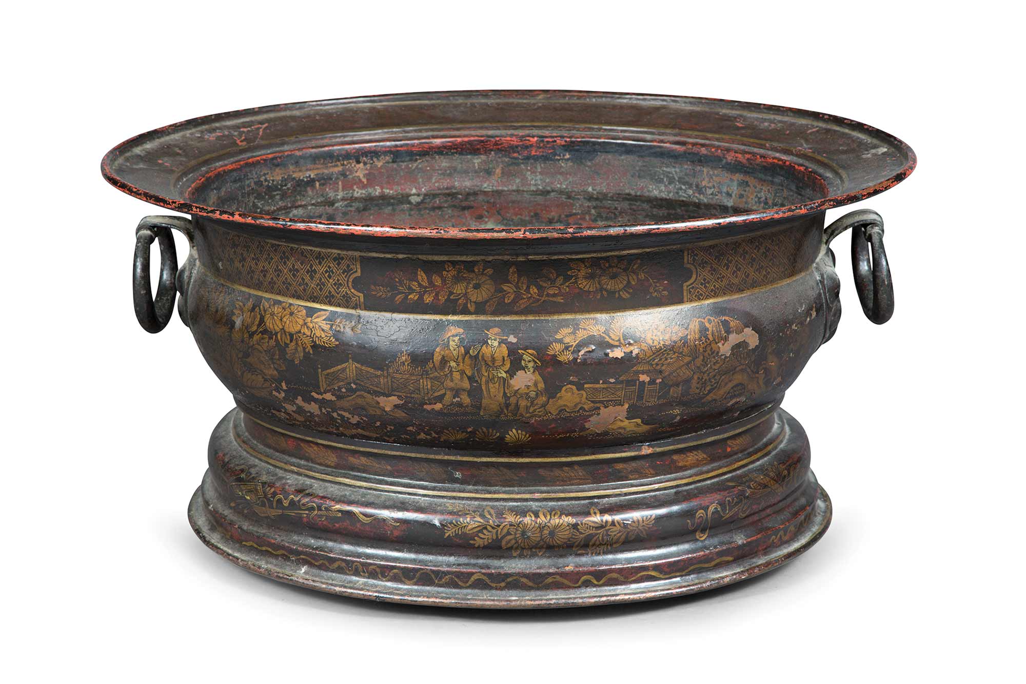 Lot image - George I Black-Japanned and Parcel-Gilt Copper Wine Cooler