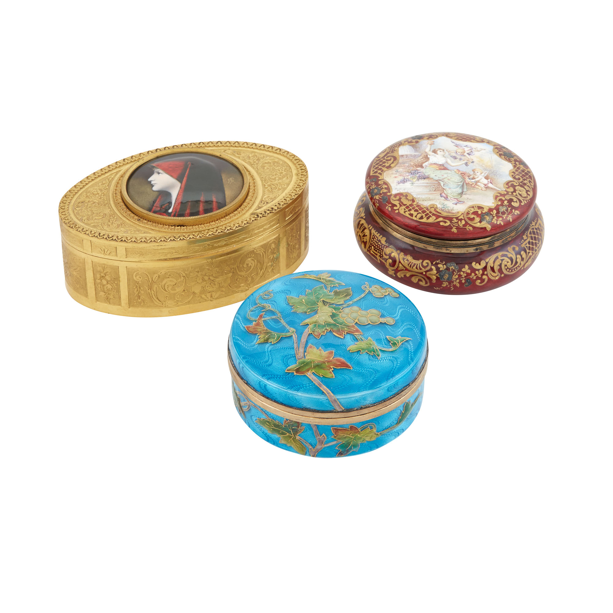 Lot image - French Enamel Inset Gilt Metal Box; Together with Two Continental Guilloche Enamel Boxes