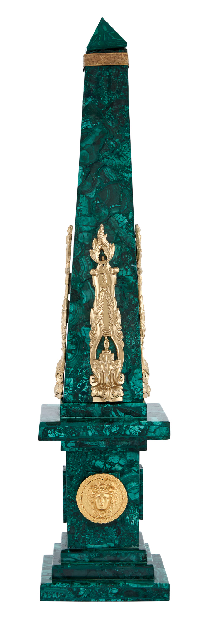 Lot image - Continental Neoclassical Style Gilt-Metal Mounted Malachite-Veneered Obelisk