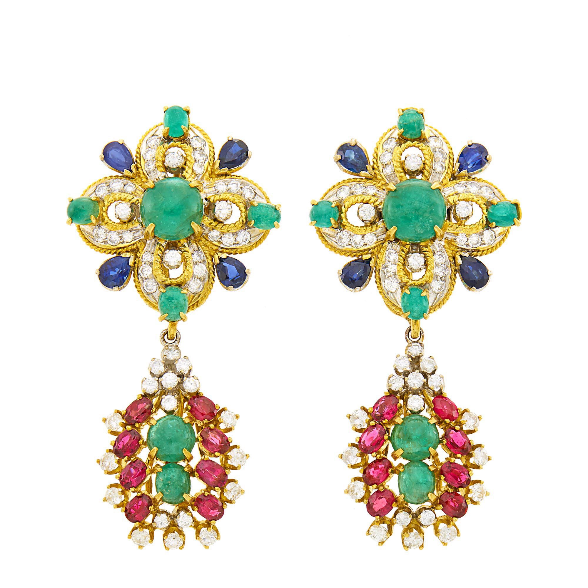 Lot image - Pair of Two-Color Gold, Cabochon Emerald, Sapphire, Ruby and Diamond Pendant-Earclips