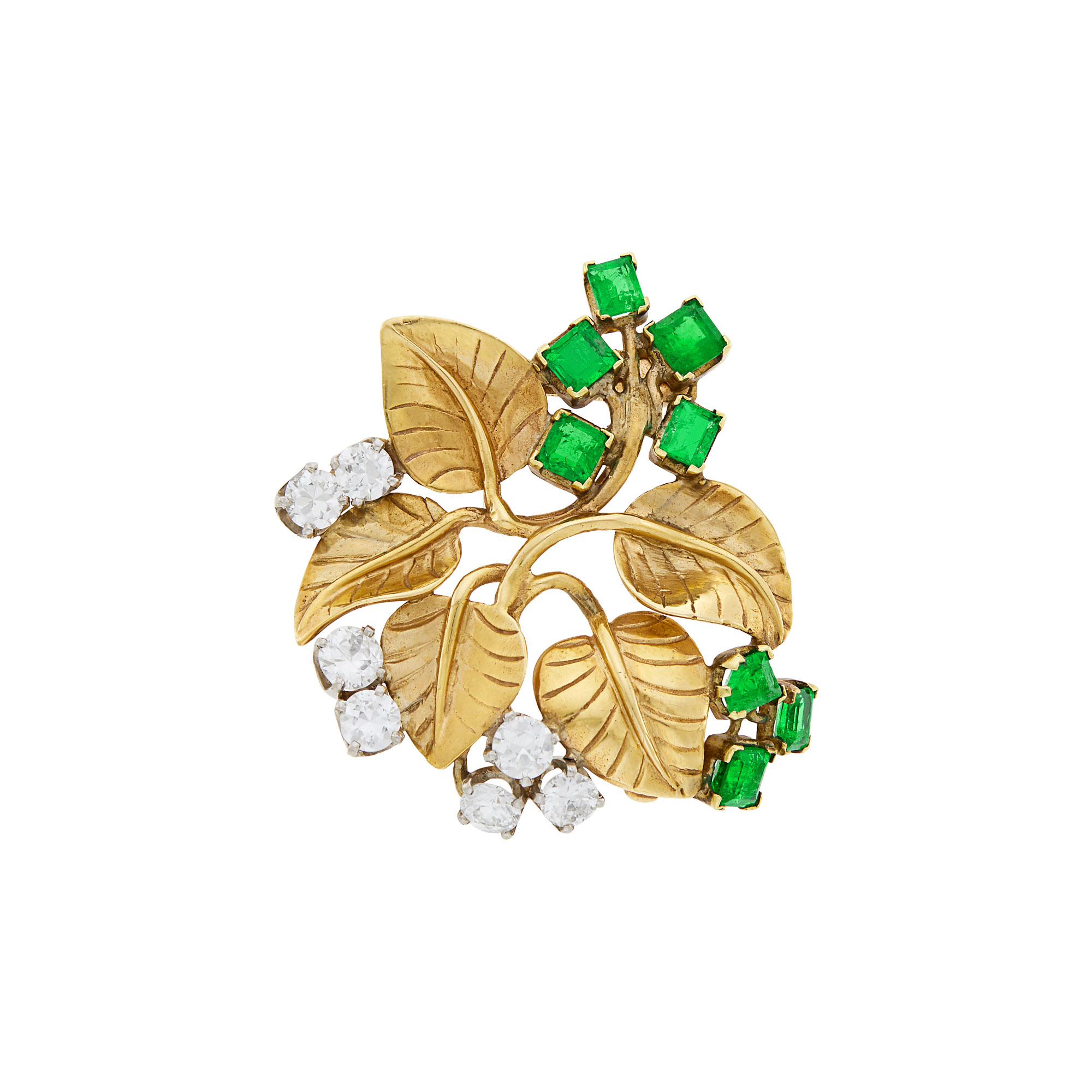 Lot image - Seaman Schepps Gold, Diamond and Emerald Leaf Clip-Brooch