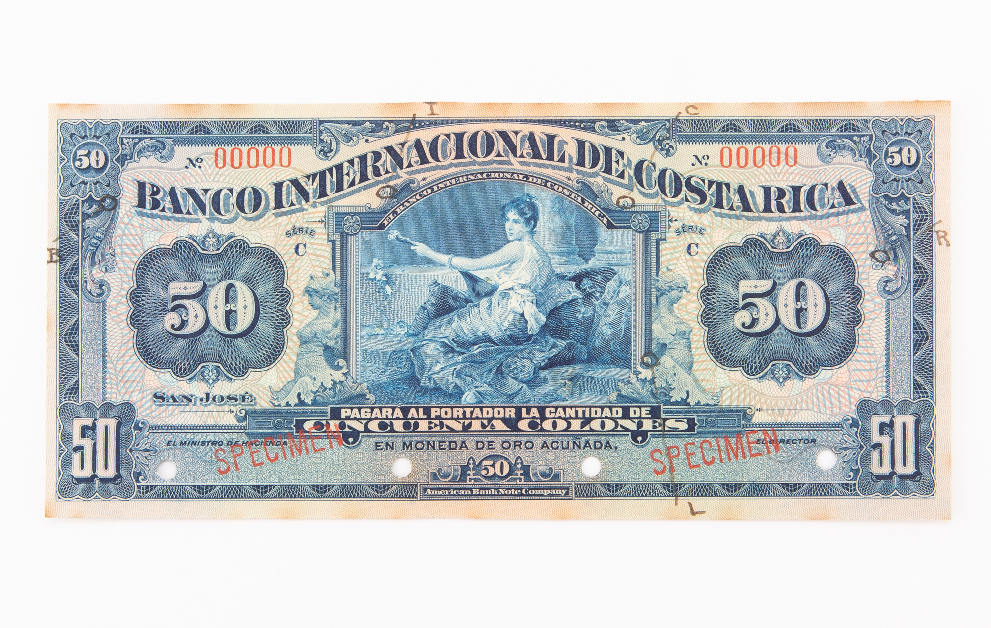 Lot image - Costa Rica, Banco Internacional Series C ND (1919-32) Cincuenta Colones Specimen Note Pick# 177S