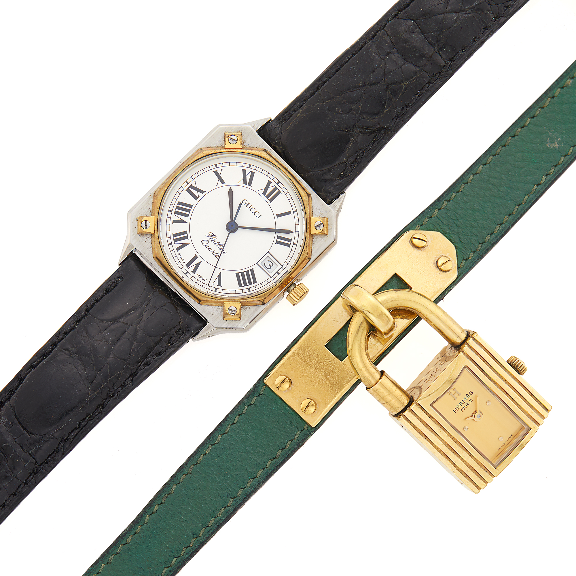 Lot image - Hermès Paris Gilt-Metal Kelly Charm Bracelet-Watch and Gucci Two-Color Steel Flatline Wristwatch