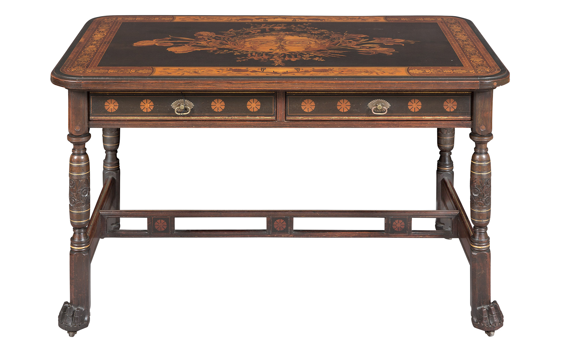 Lot image - Herter Brothers Aesthetic Movement Rosewood, Marquetry and Parcel-Gilt Inlaid Center Table