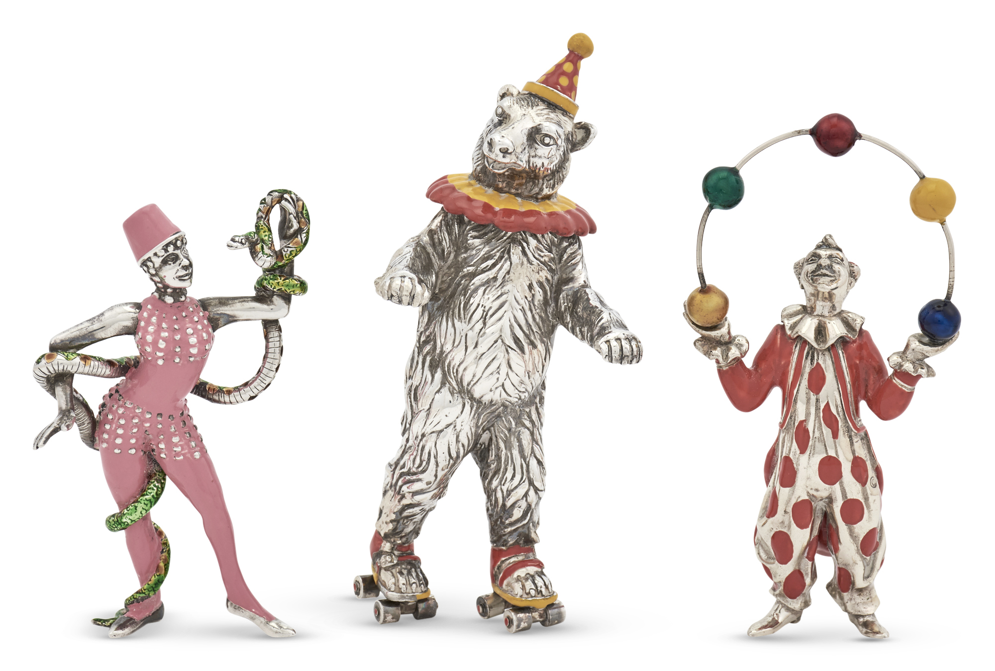 Lot image - Three Tiffany & Co. Sterling Silver and Enamel Circus Figures