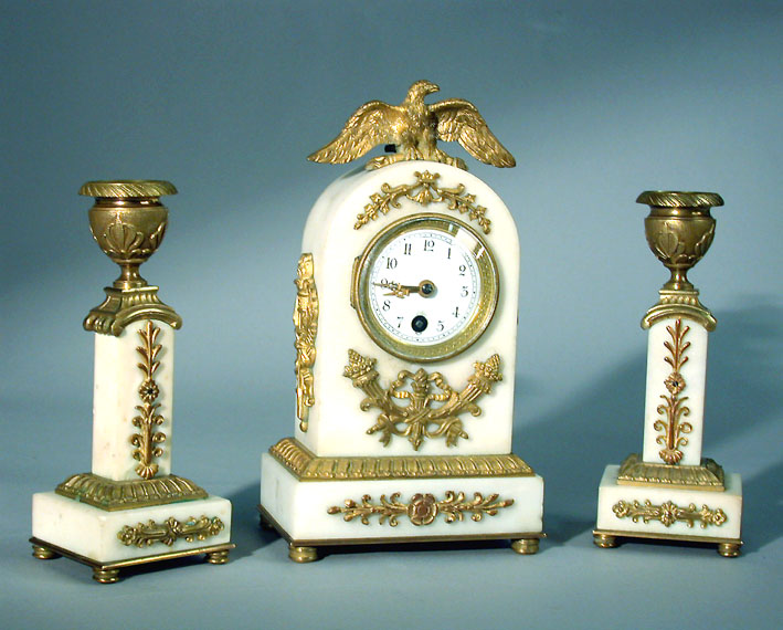 Lot image - Empire Style Gilt-Bronze Mounted Marble Clock Garniture