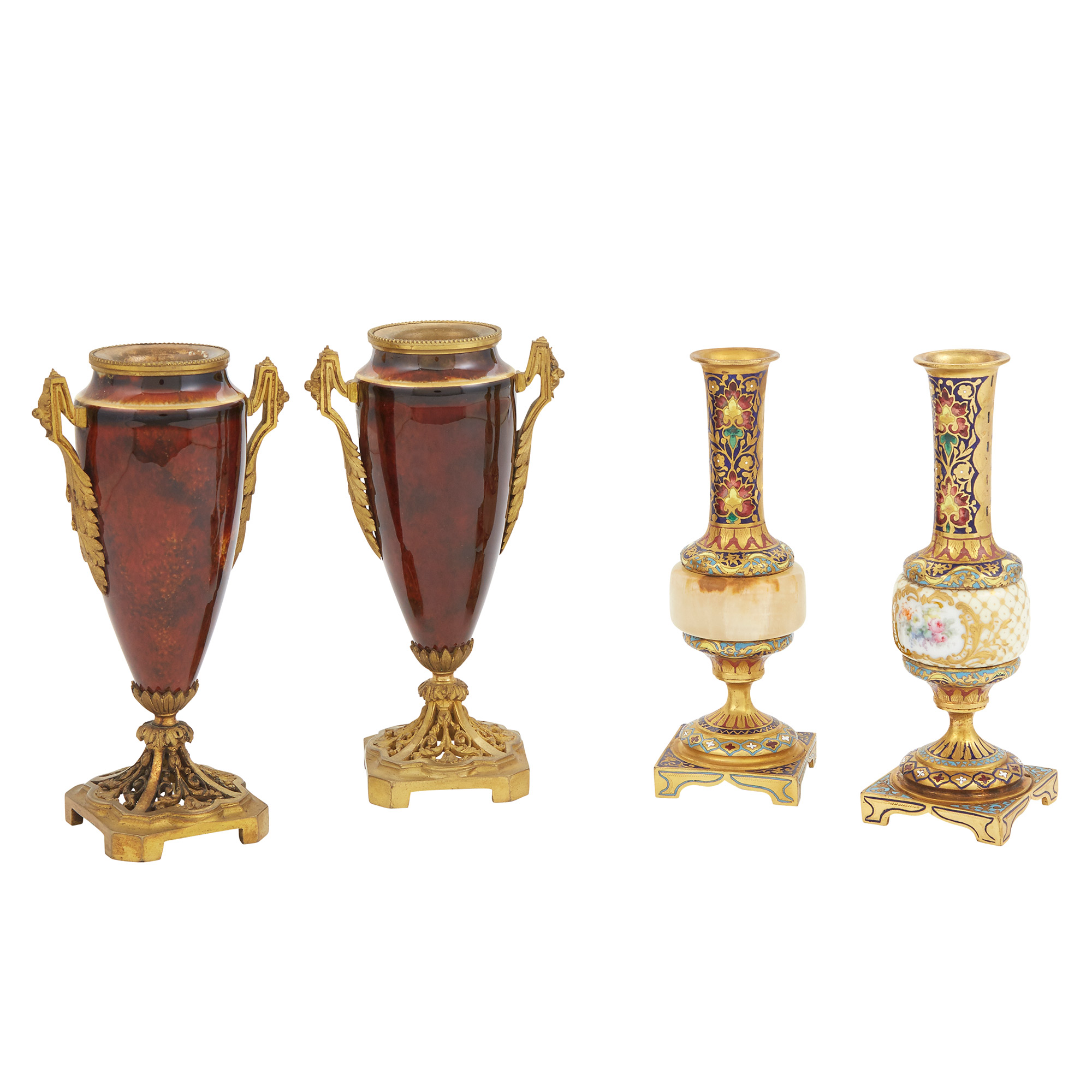 Lot image - Pair of French Gilt Bronze Mounted Glazed Pottery Vases