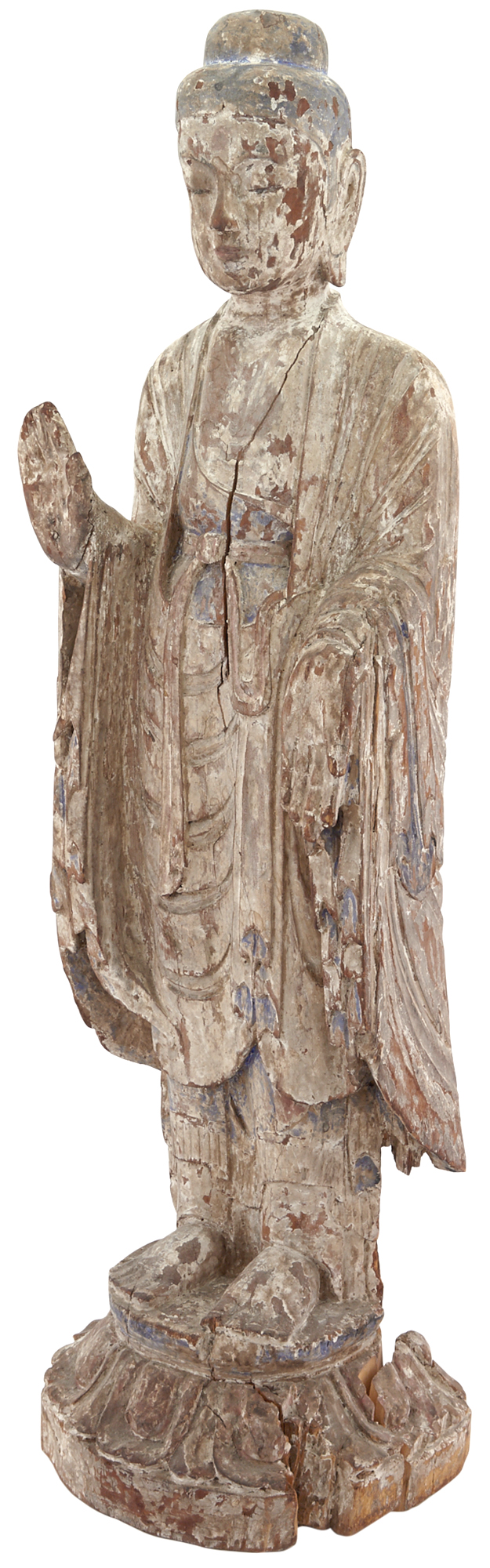 Lot image - A Chinese Carved and Polychromed Wood Figure of Standing Buddha