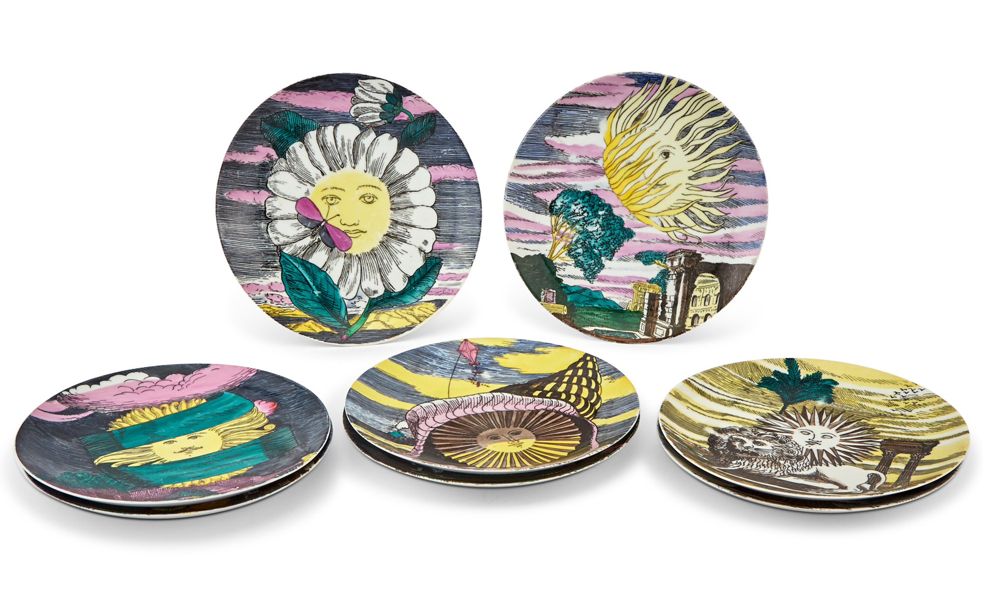 Lot image - Set of Eight Piero Fornasetti Transfer-Printed Sun-Themed Ceramic Dinner Plates
