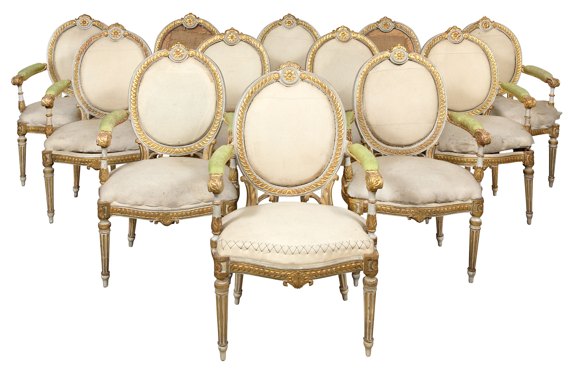 Lot image - Set of Twelve Italian Neoclassical Painted and Parcel-Gilt Armchairs