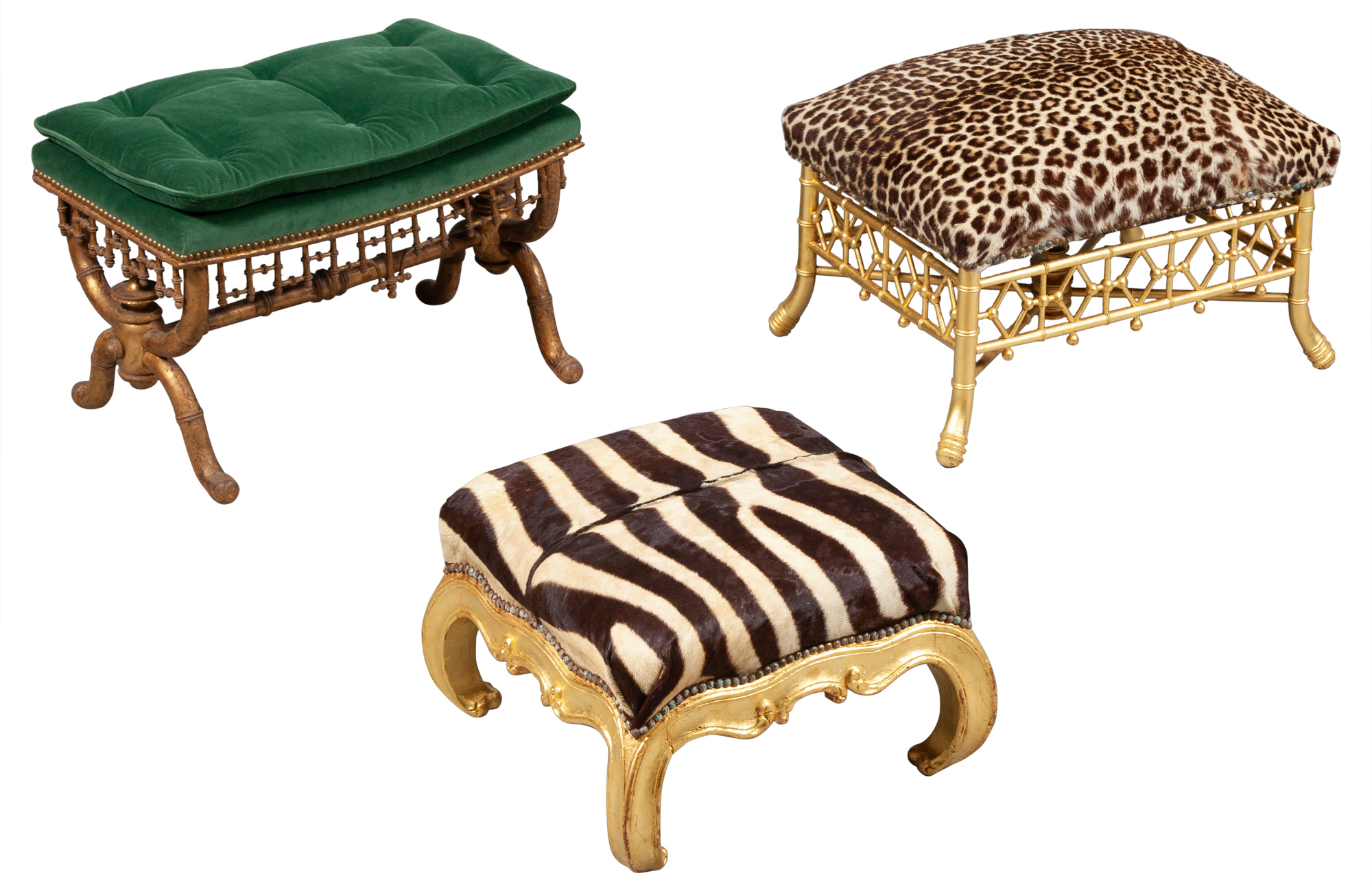 Lot image - Three Giltwood Upholstered Stools