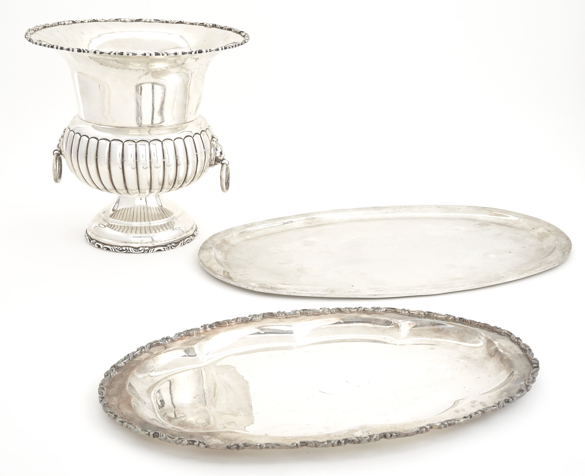 Lot image - Two Mexican Sterling Silver Trays; Together with a Mexican Sterling Silver Bottle Cooler