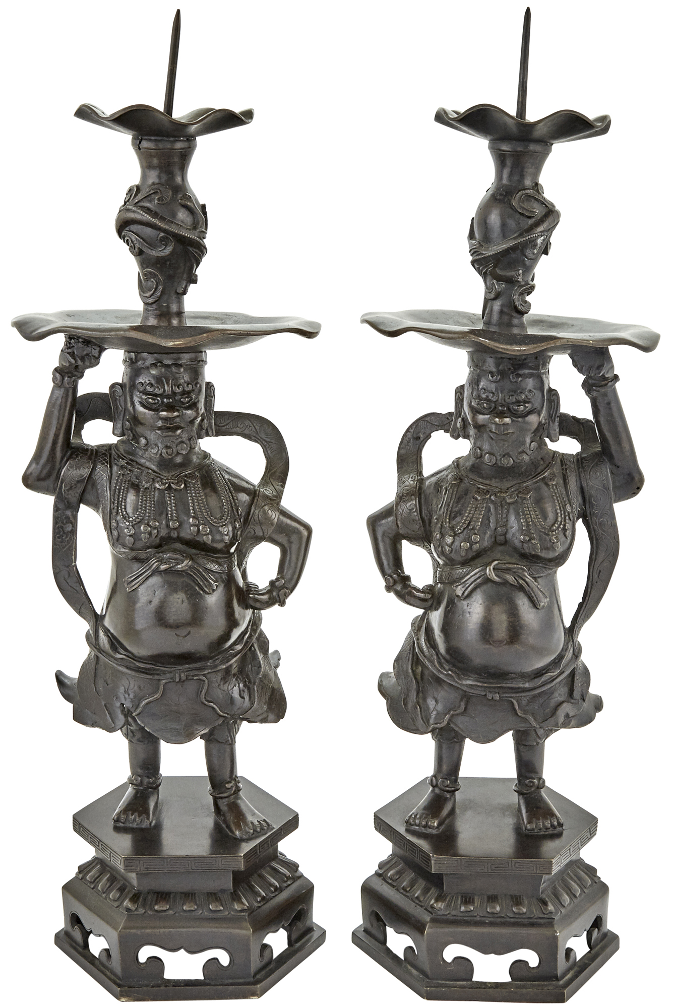 Lot image - A Pair of Chinese Bronze Foreigner Prickets Candlesticks