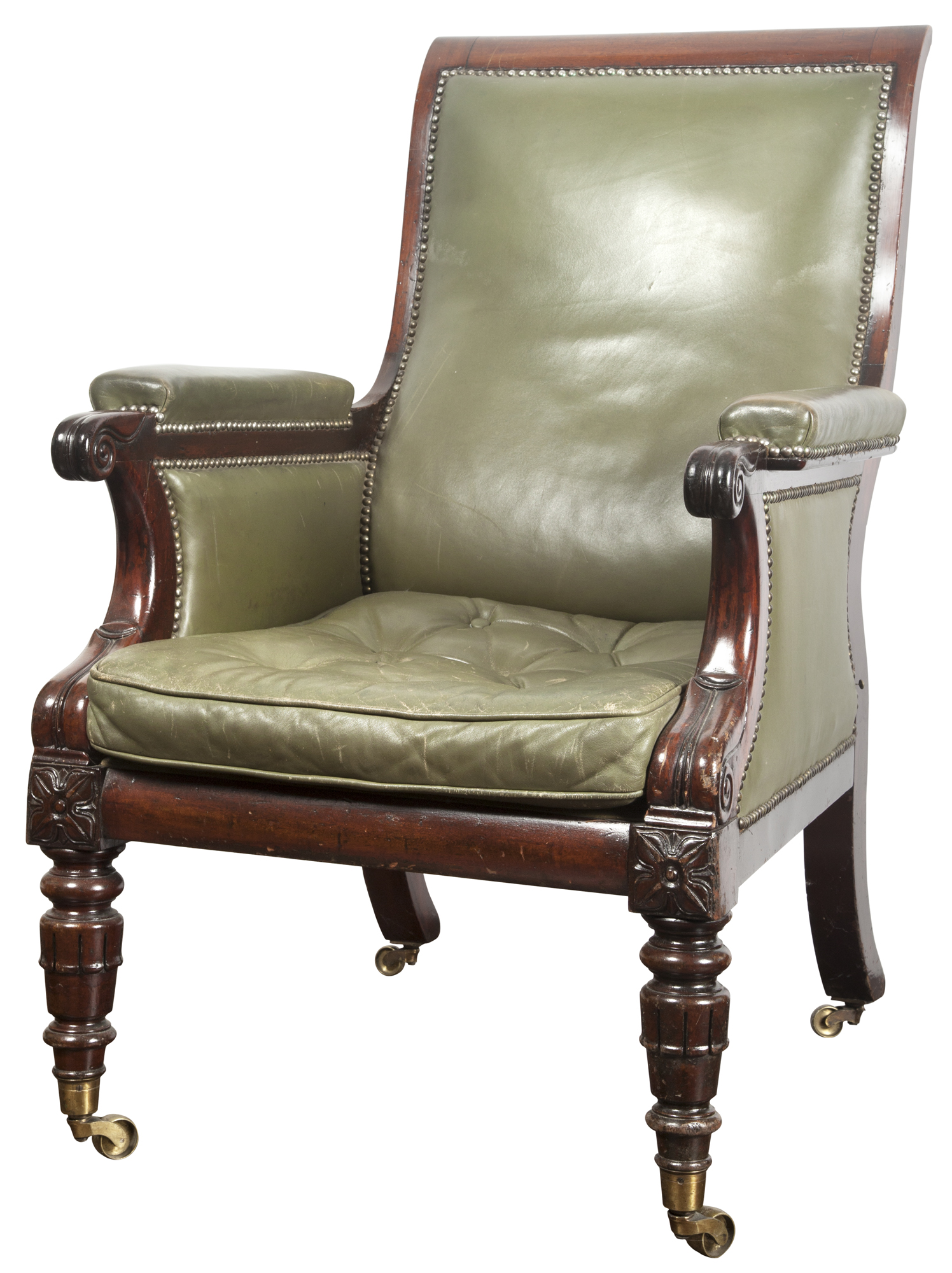 Lot image - William IV Mahogany and Green Leather-Upholstered Bergère