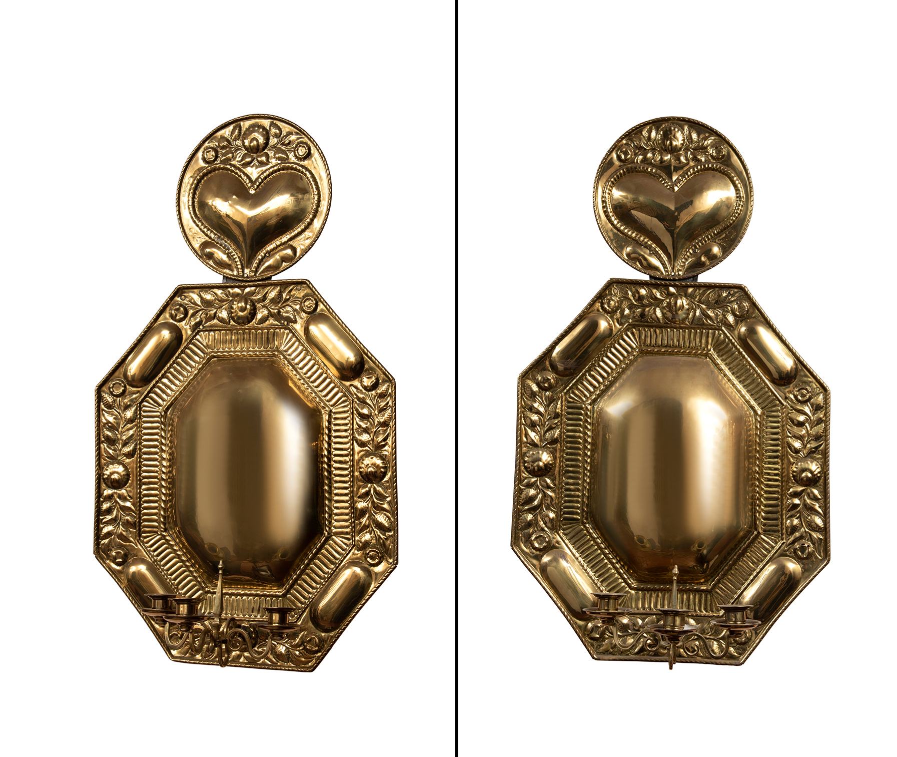 Lot image - Pair of Dutch Baroque Style Repousse Brass Three-Light Wall Sconces