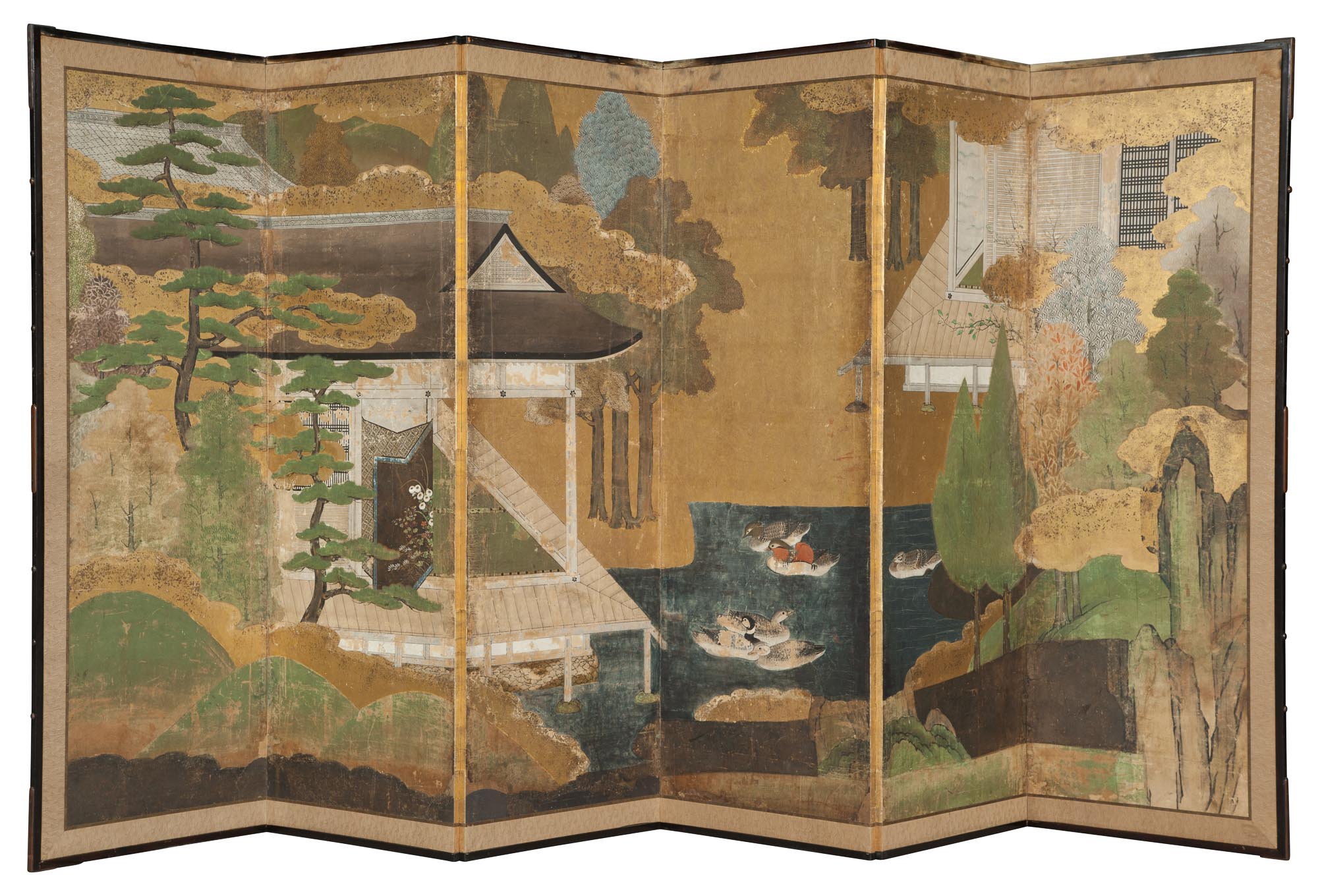 Lot image - Japanese Polychrome-Painted and Gilt-Decorated Paper and Silk-Edged Six-Panel Screen