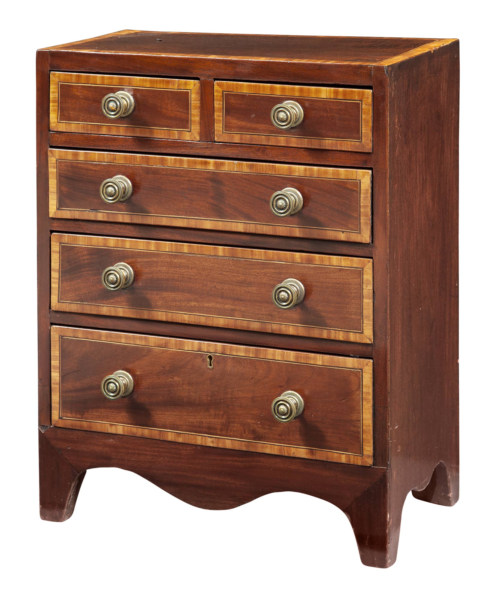 Lot image - George III Satinwood Banded Mahogany Diminutive Chest of Drawers