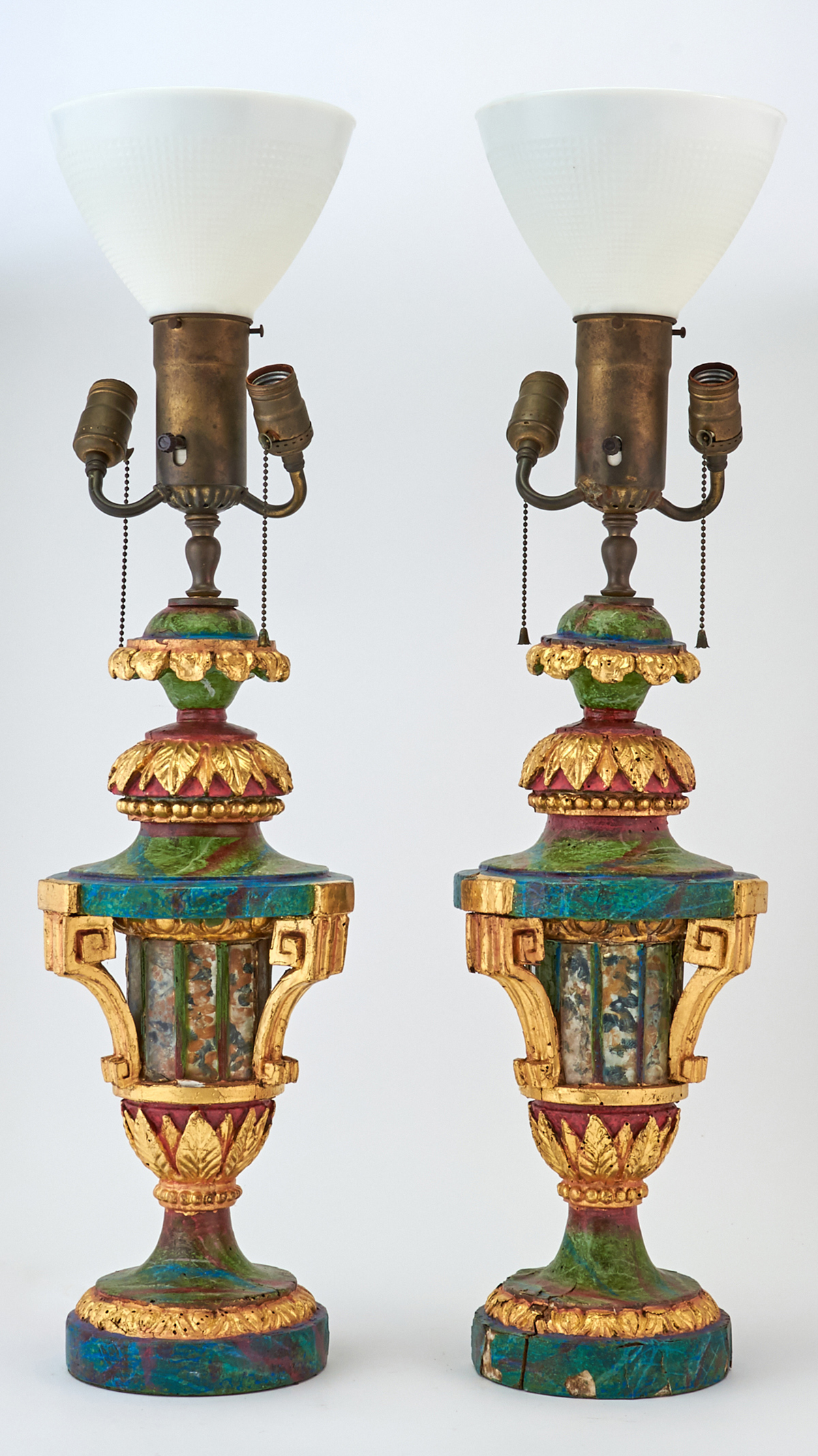 Lot image - Pair of Neoclassical Style Part and Parcel-Gilt Wooden Lamps