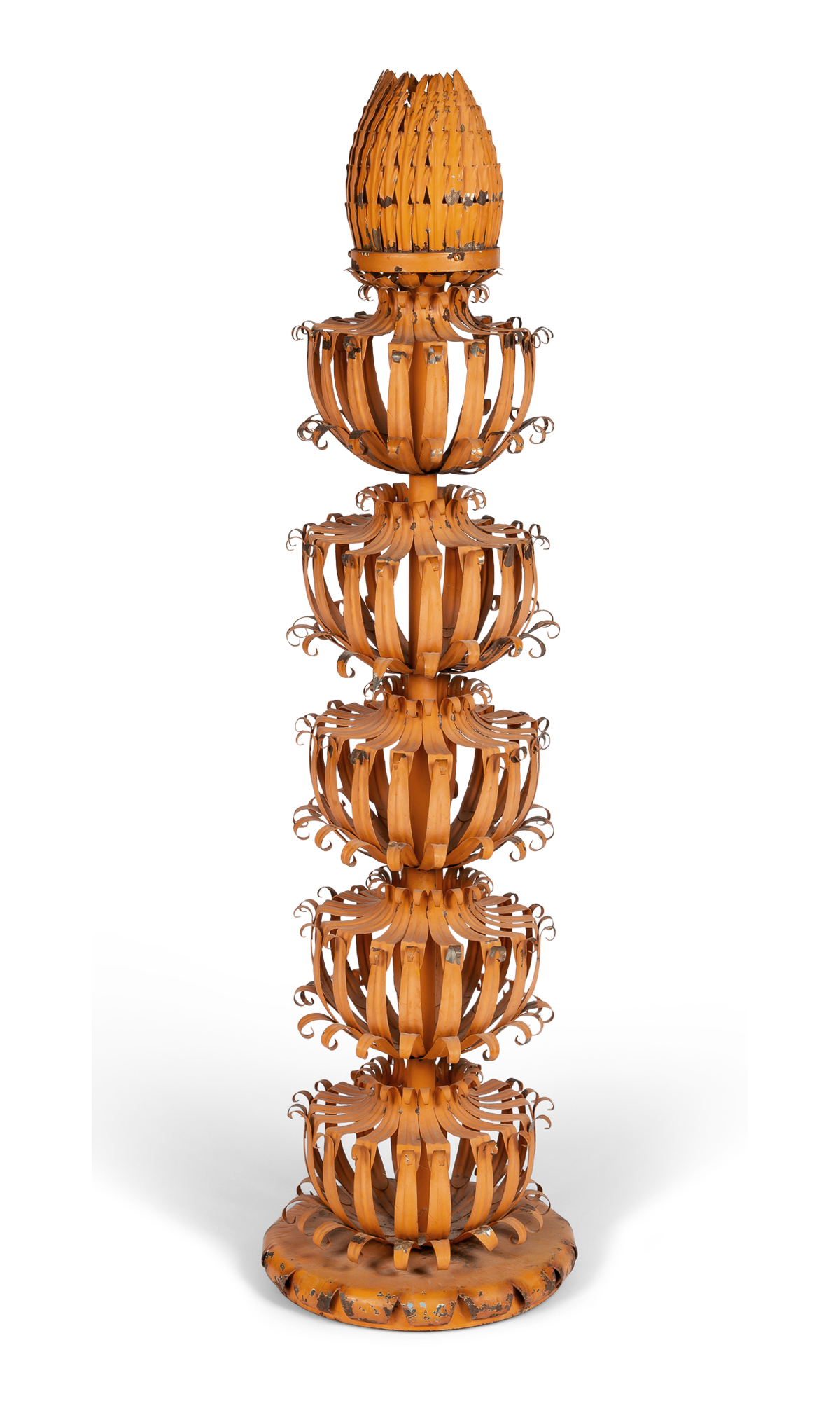 Lot image - Orange Painted Tole Foliate Multi-Tiered Finial