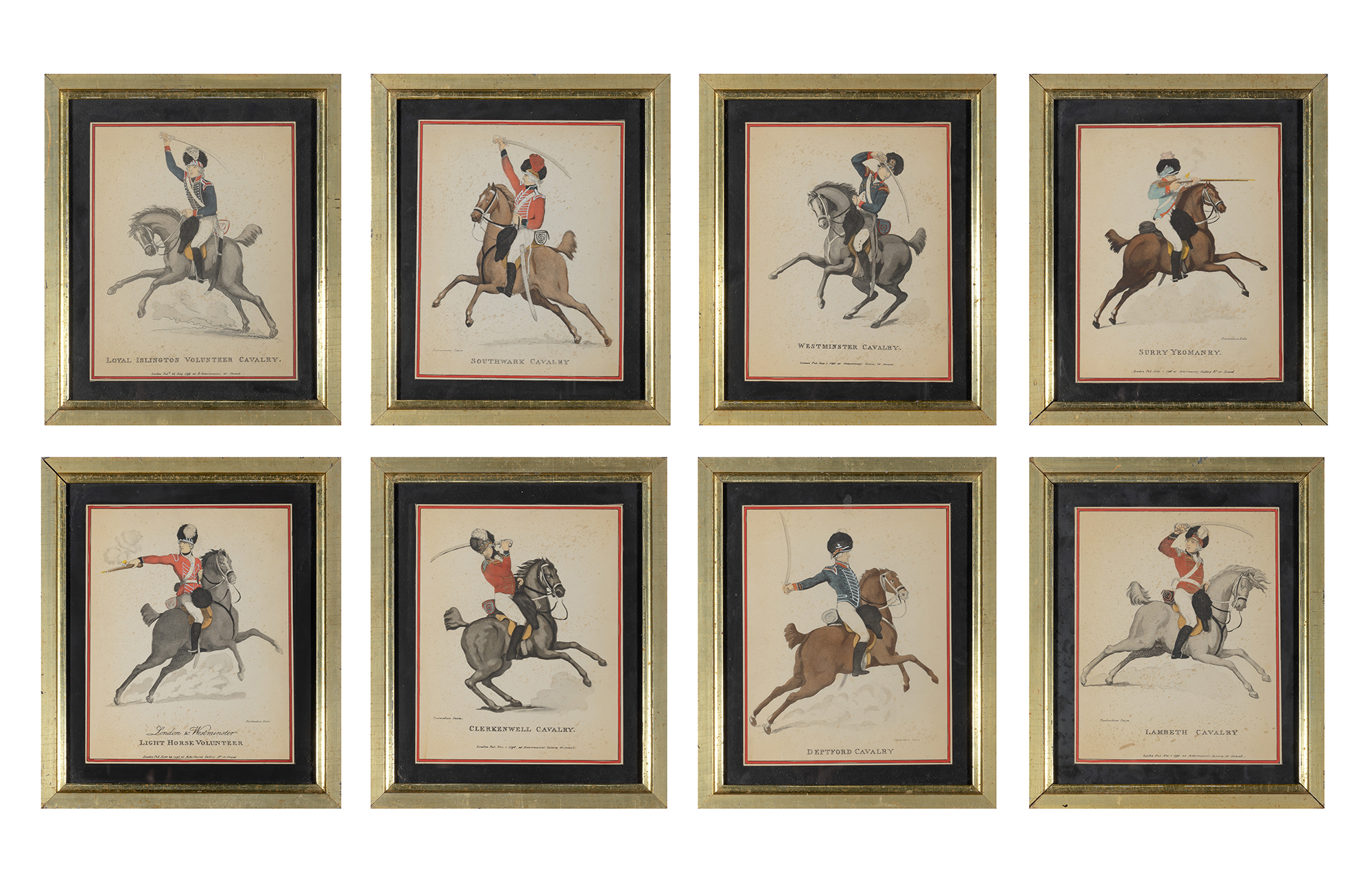 Lot image - [PRINTS]  ROWLANDSON, THOMAS (after). Group of eight reproduction cavalry prints after Rowlandson.