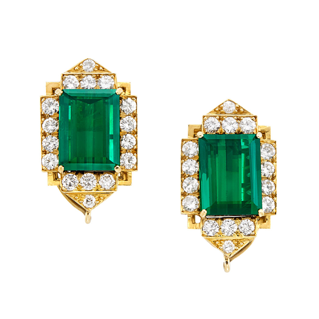 Lot image - Pair of Gold, Tourmaline and Diamond Earclips, David Webb