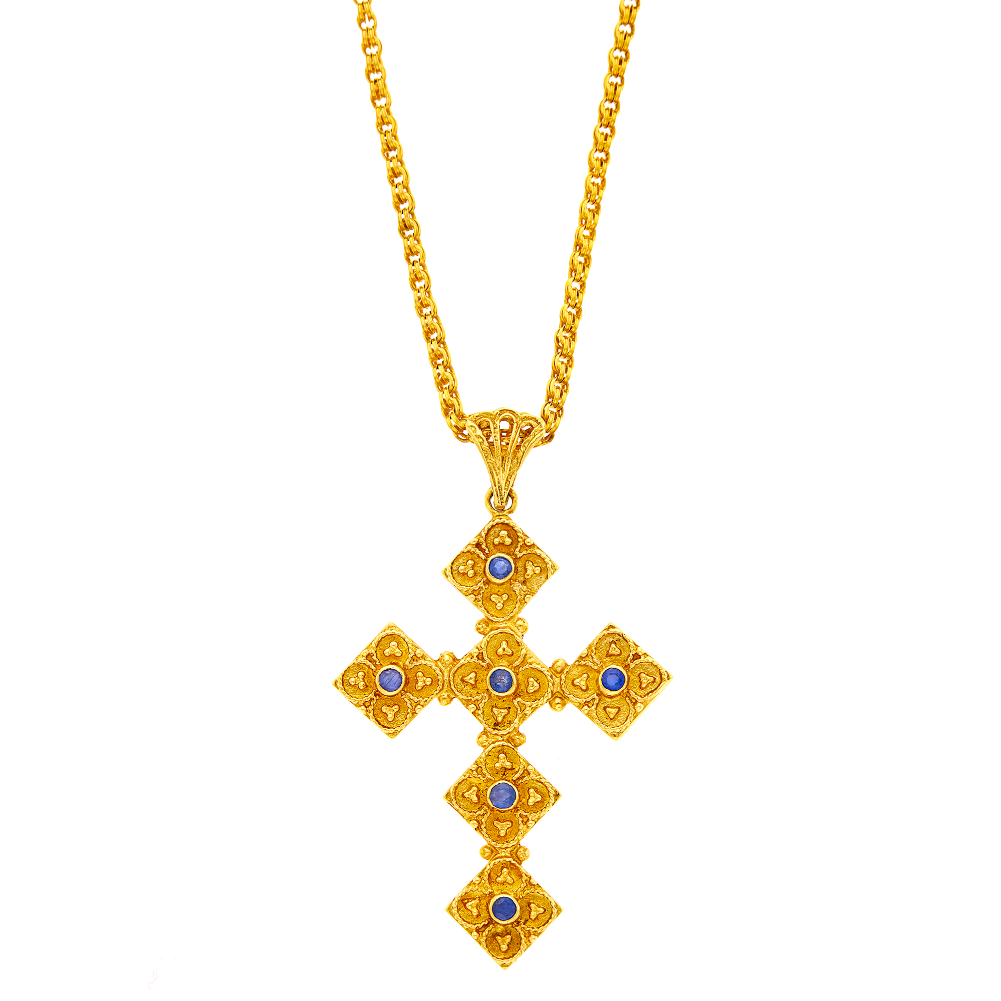 Lot image - Gold and Sapphire Cross Pendant with Gold-Filled Chain Necklace