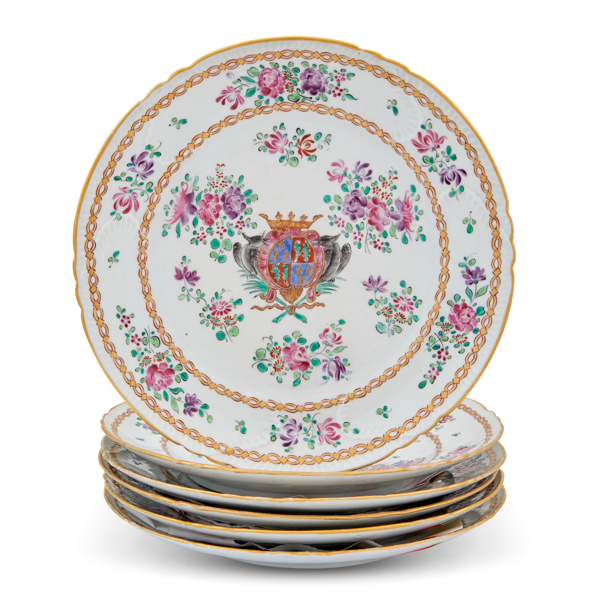 Lot image - Set of Six Chinese Export Style Porcelain Armorial Plates