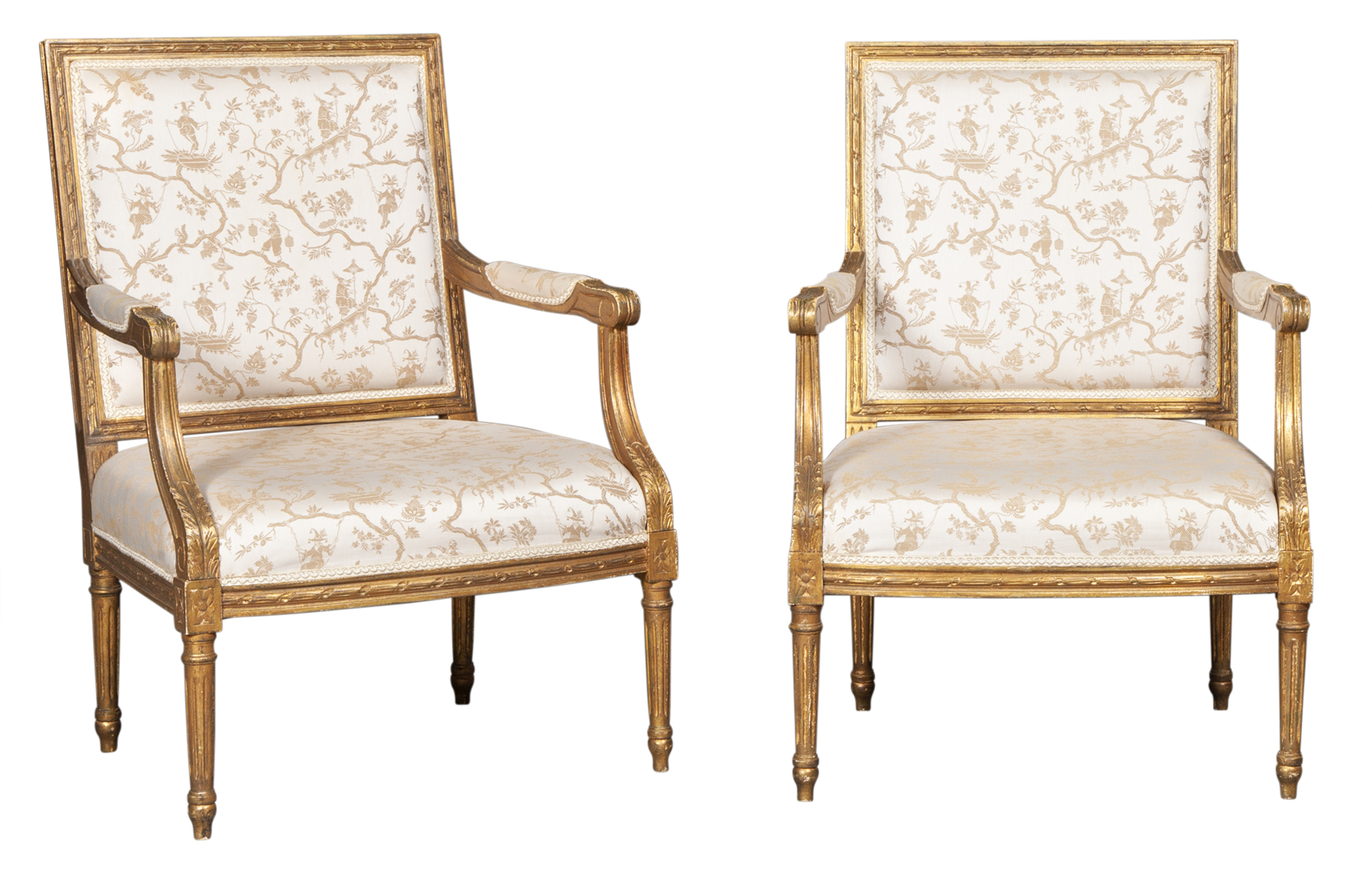 Lot image - Pair of Louis XVI Style Upholstered Giltwood Fauteuils