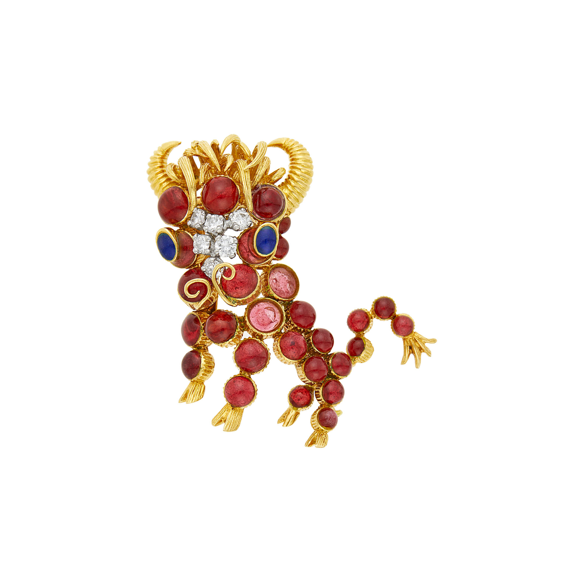 Lot image - Cartier Gold, Gripoix Glass, Cabochon Sapphire and Diamond Bull Clip-Brooch, France