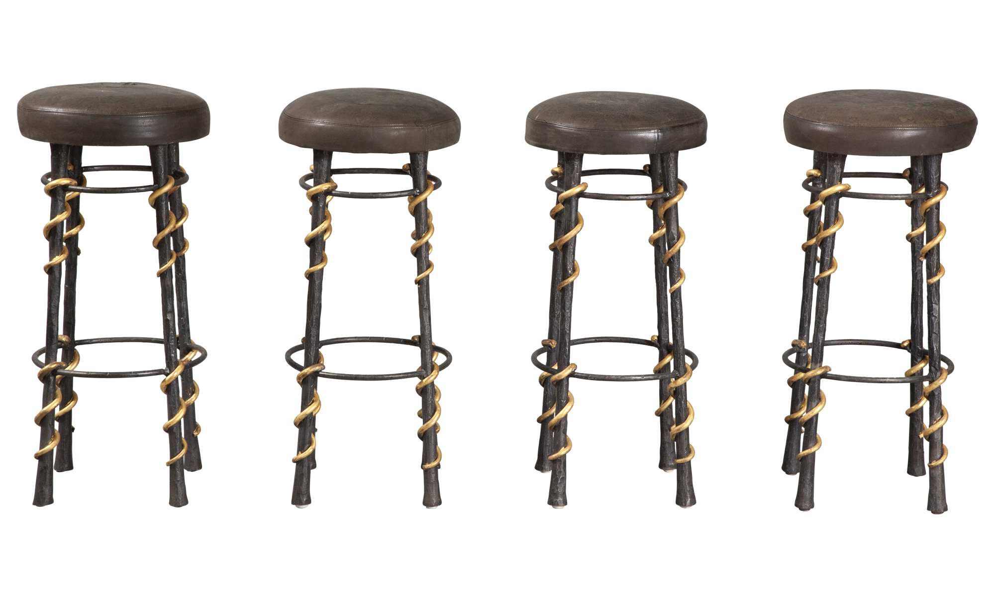 Lot image - Set of Four Parcel Gilt-Bronze and Upholstered Bar Stools