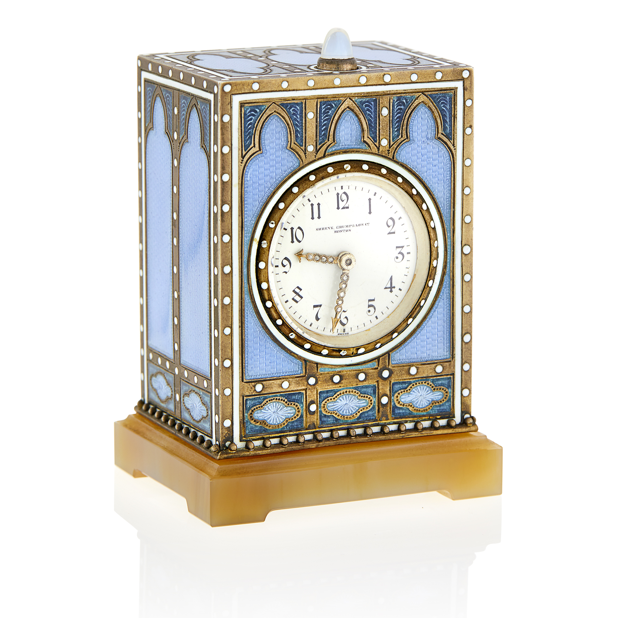 Lot image - Art Deco Silver, Enamel and Agate Minute Repeating Desk Clock, Retailed by Shreve, Crump & Low