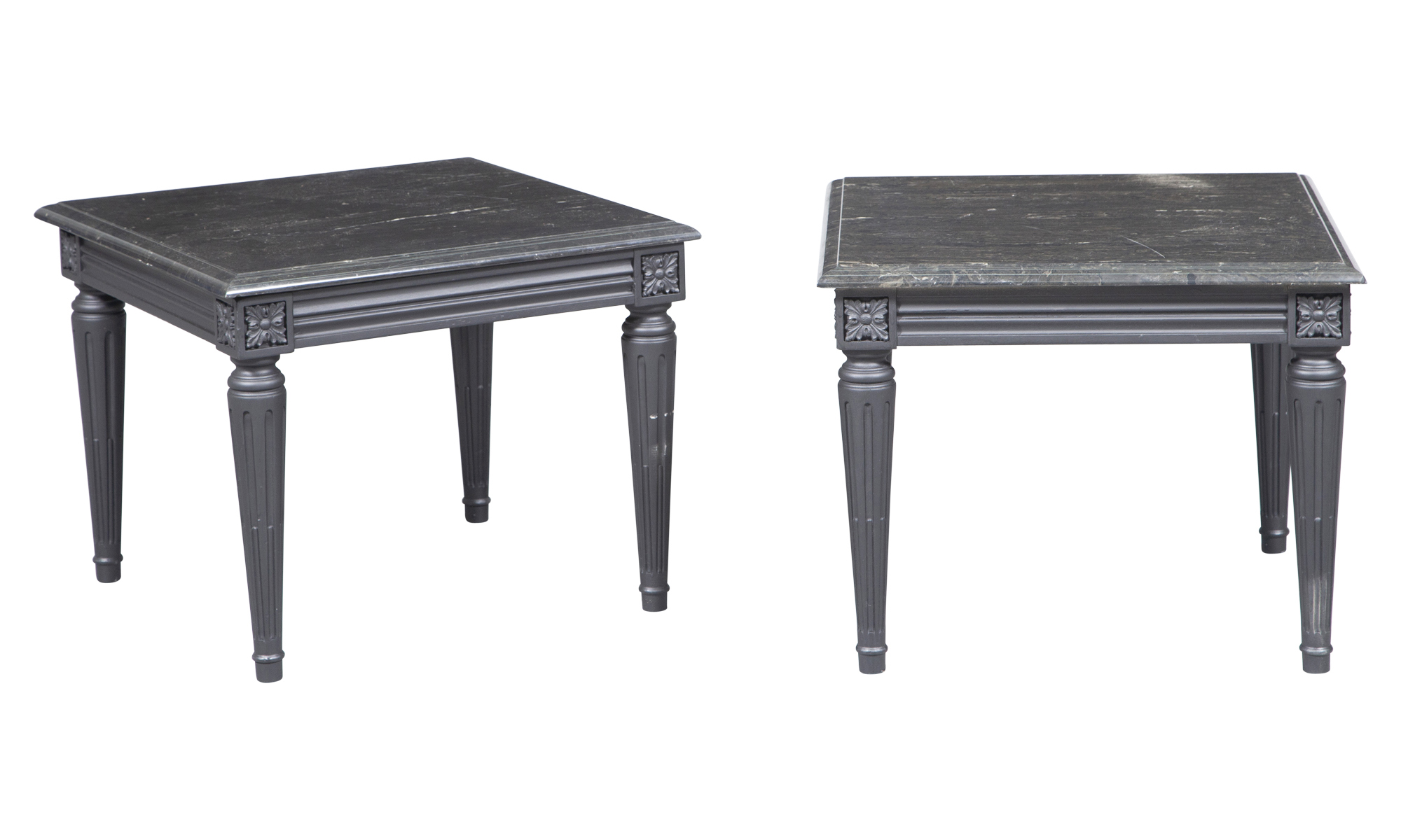 Lot image - Pair of Louis XVI Style Marble Top Black Painted Low Tables