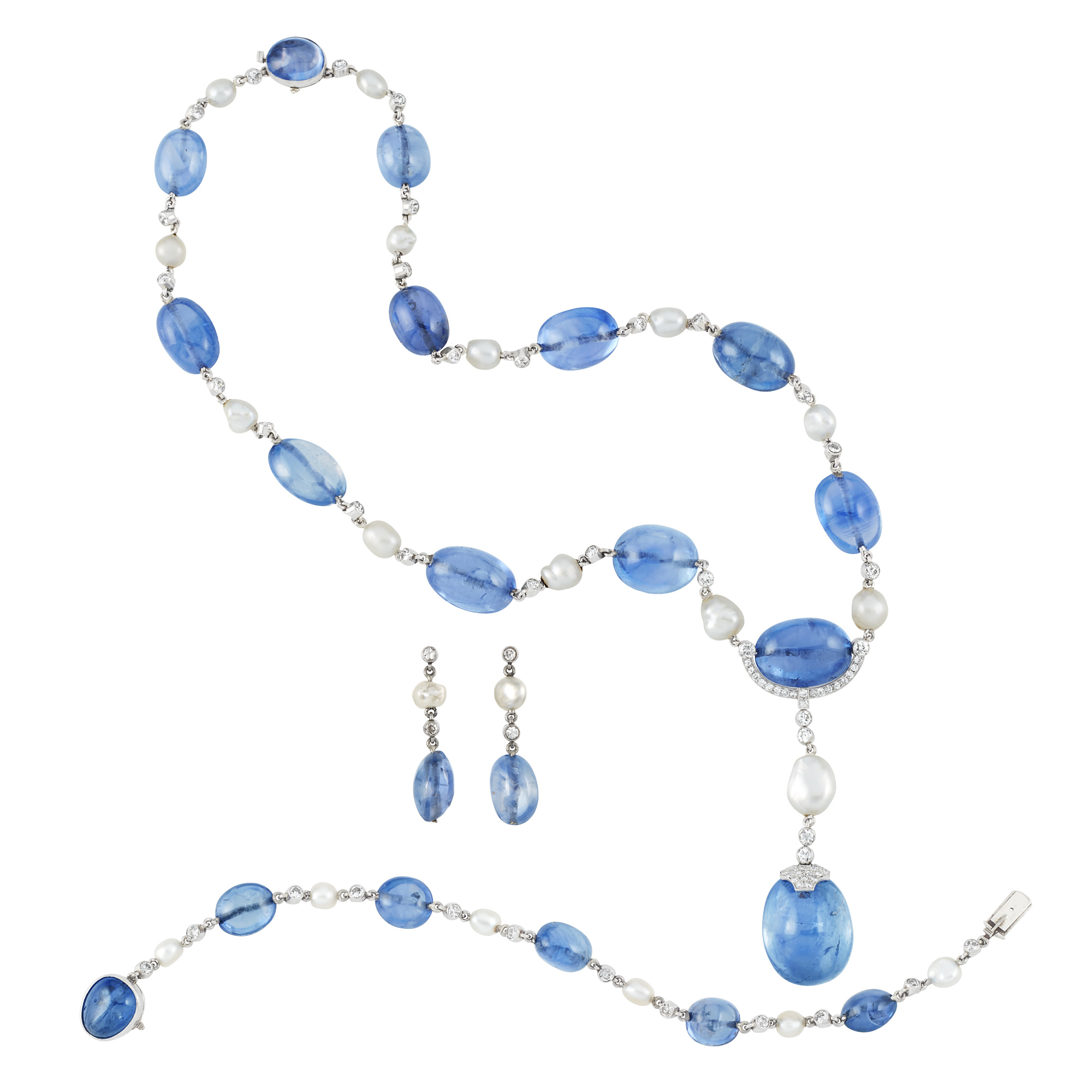 Lot image - Art Deco Platinum, Sapphire Bead, Diamond and Pearl Pendant Necklace, Bracelet and Pair of Pendant Earrings