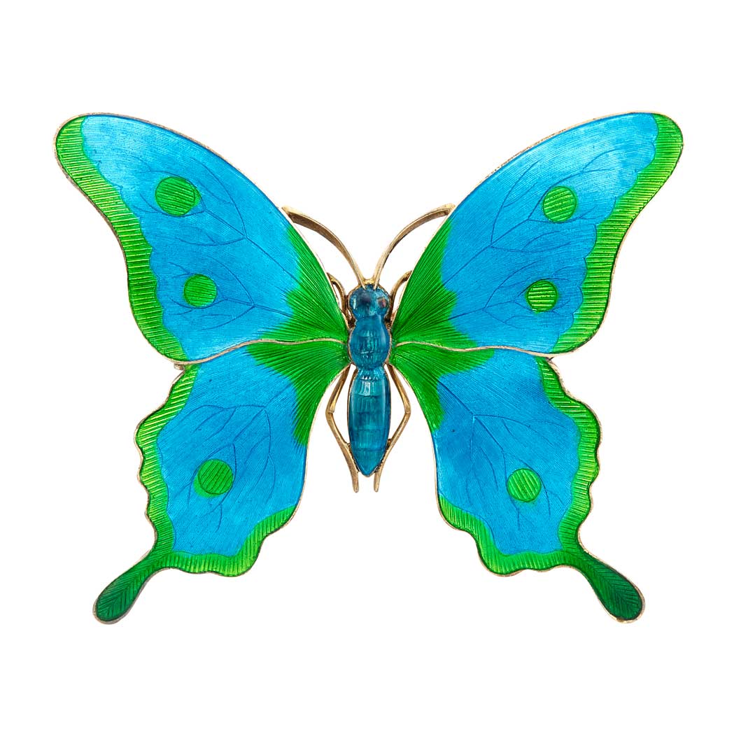 Lot image - Antique Silver Gilt and Enamel Butterfly Brooch, Child & Child