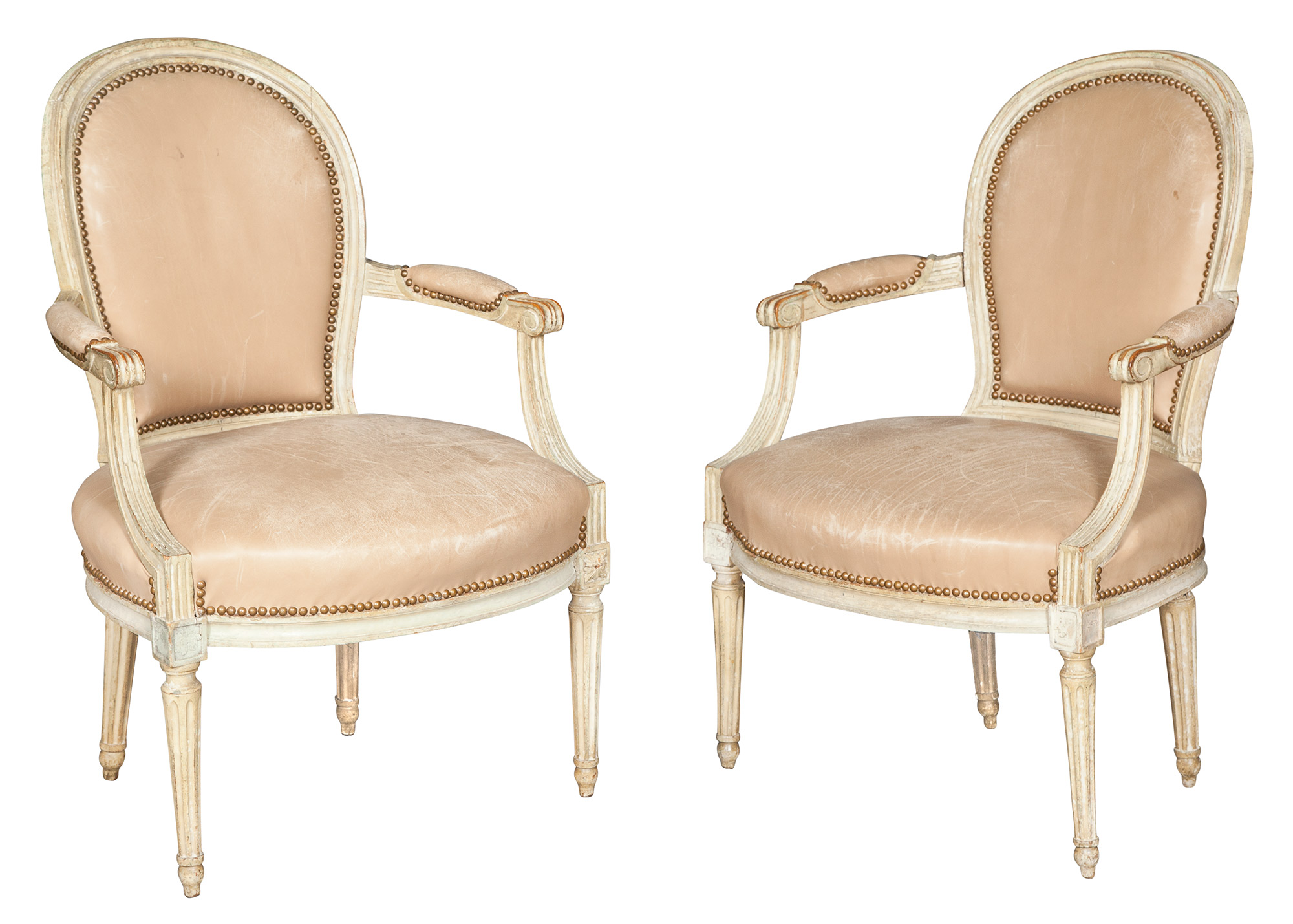 Lot image - Pair of Louis XVI Painted Leather-Upholstered Fauteuils en Cabriolet