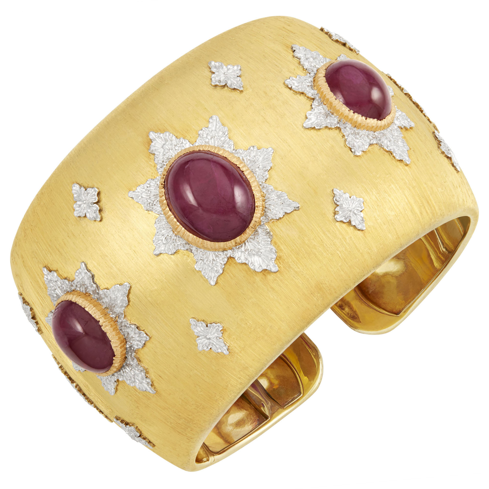 Lot image - Gold and Cabochon Ruby Cuff Bracelet, Buccellati