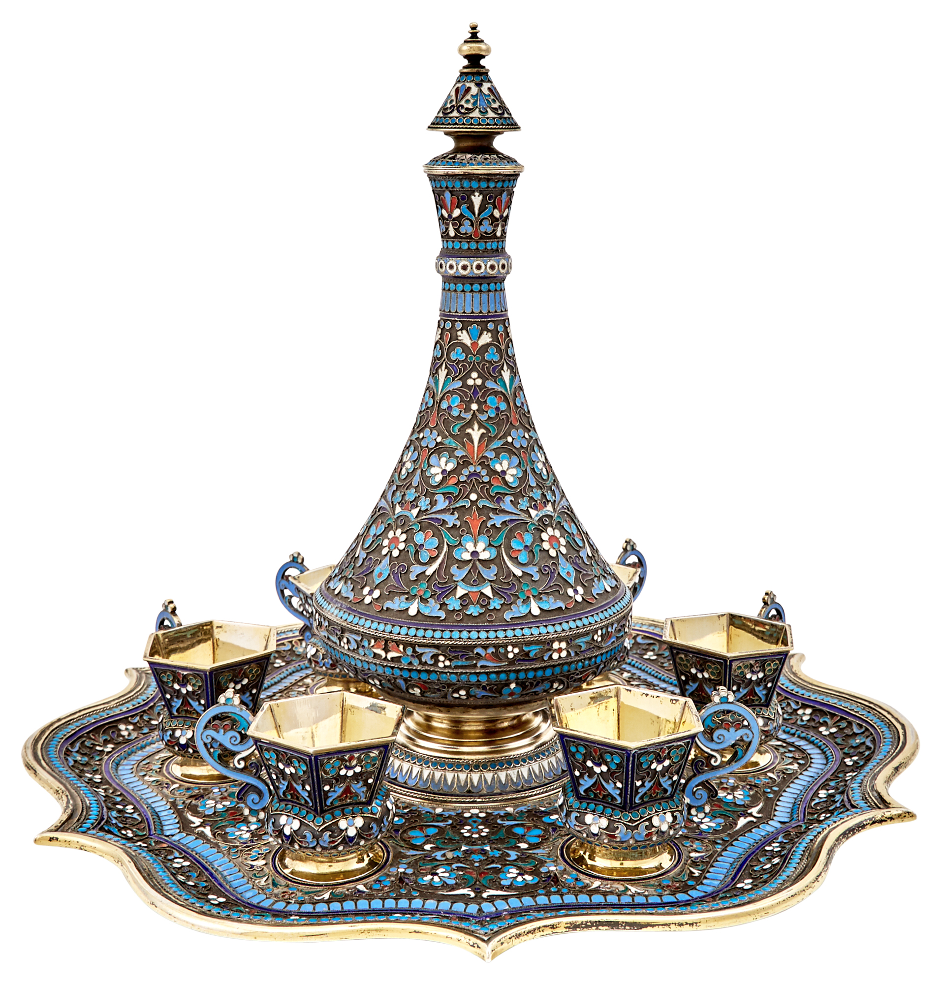 Lot image - Russian Silver-Gilt and Cloisonné Enamel Vodka Set