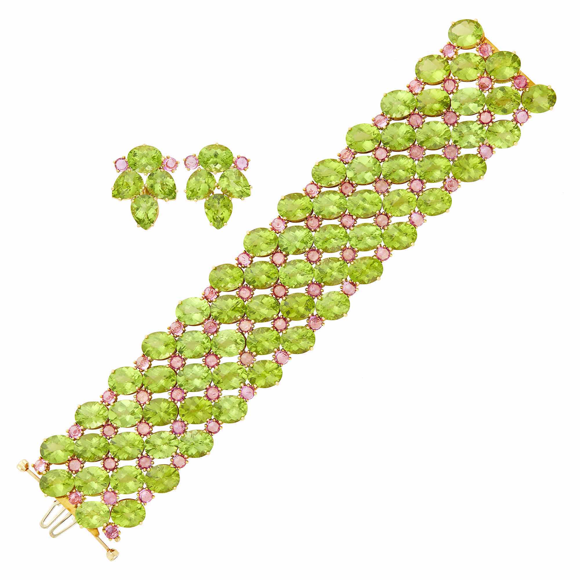 Lot image - Paolo Costagli Wide Gold, Peridot and Pink Sapphire Bracelet and Pair of Earclips