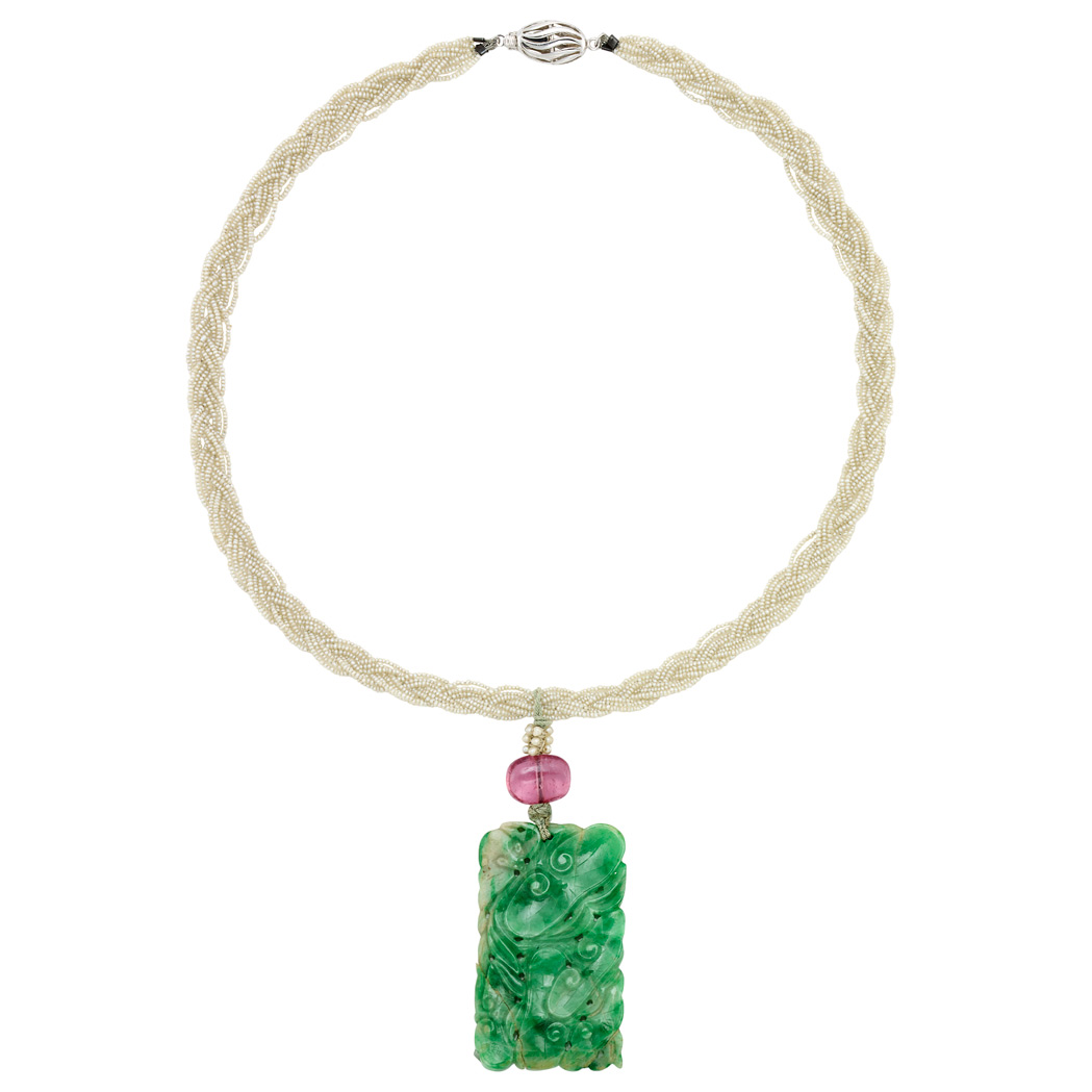 Lot image - Braided Seed Pearl, White Gold, Carved Jade and Pink Tourmaline Bead  Pendant-Necklace