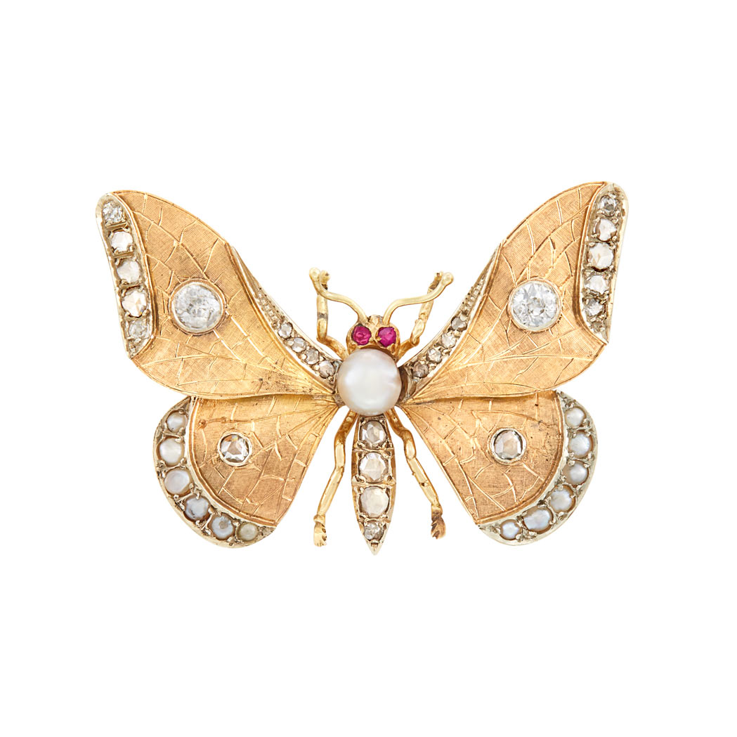 Lot image - Antique Two-Color Gold, Diamond, Button and Split Pearl and Ruby Butterfly Brooch
