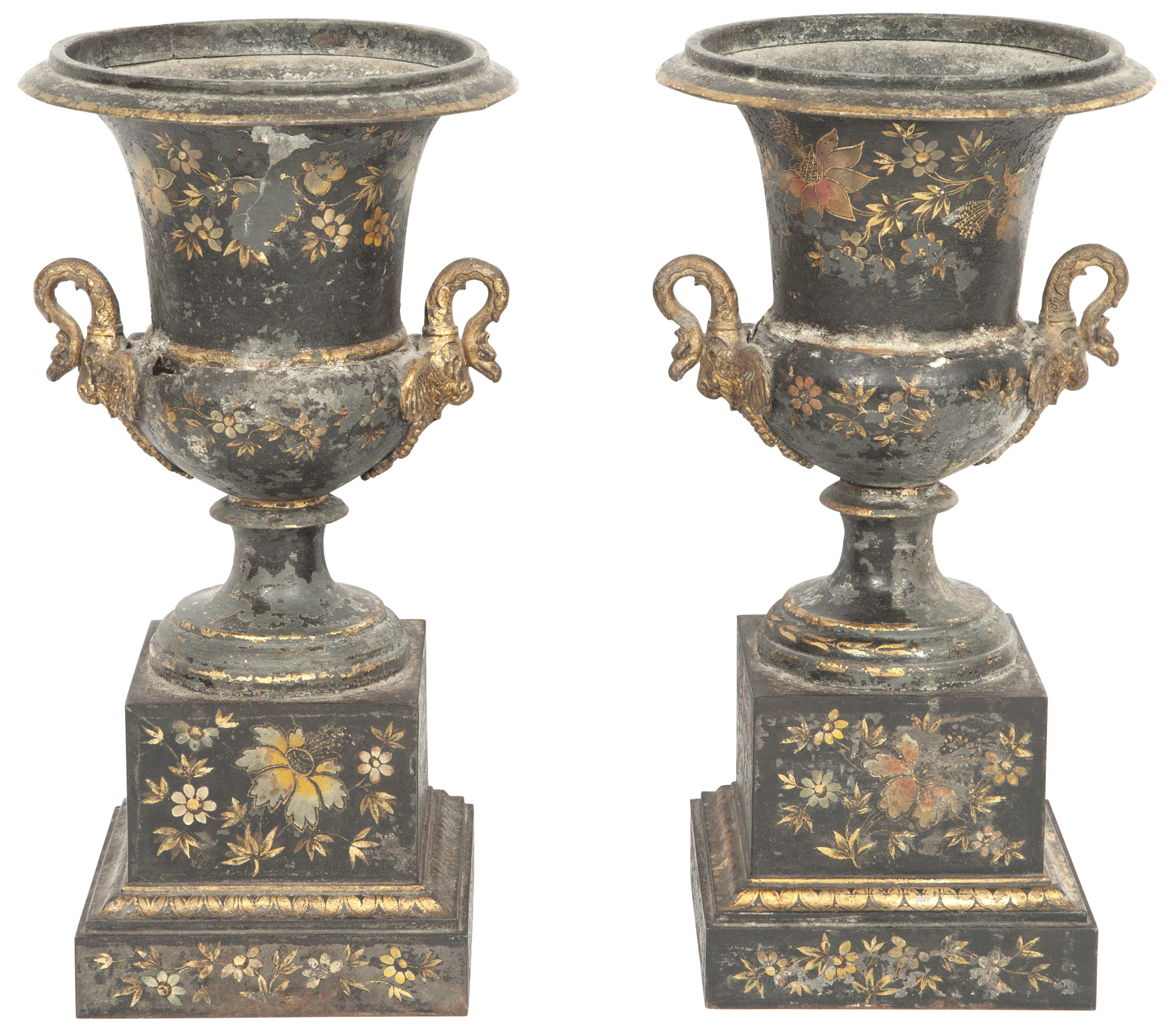 Lot image - Pair of French Gilt-Decorated Tôle-Peinte Urns